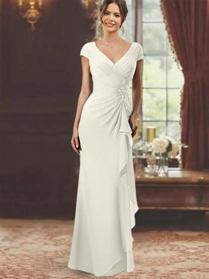 V-Neck Short-Sleeve Floor-Length Sheath Dress for the Mother of the Bride with Ruffles and Appliques
