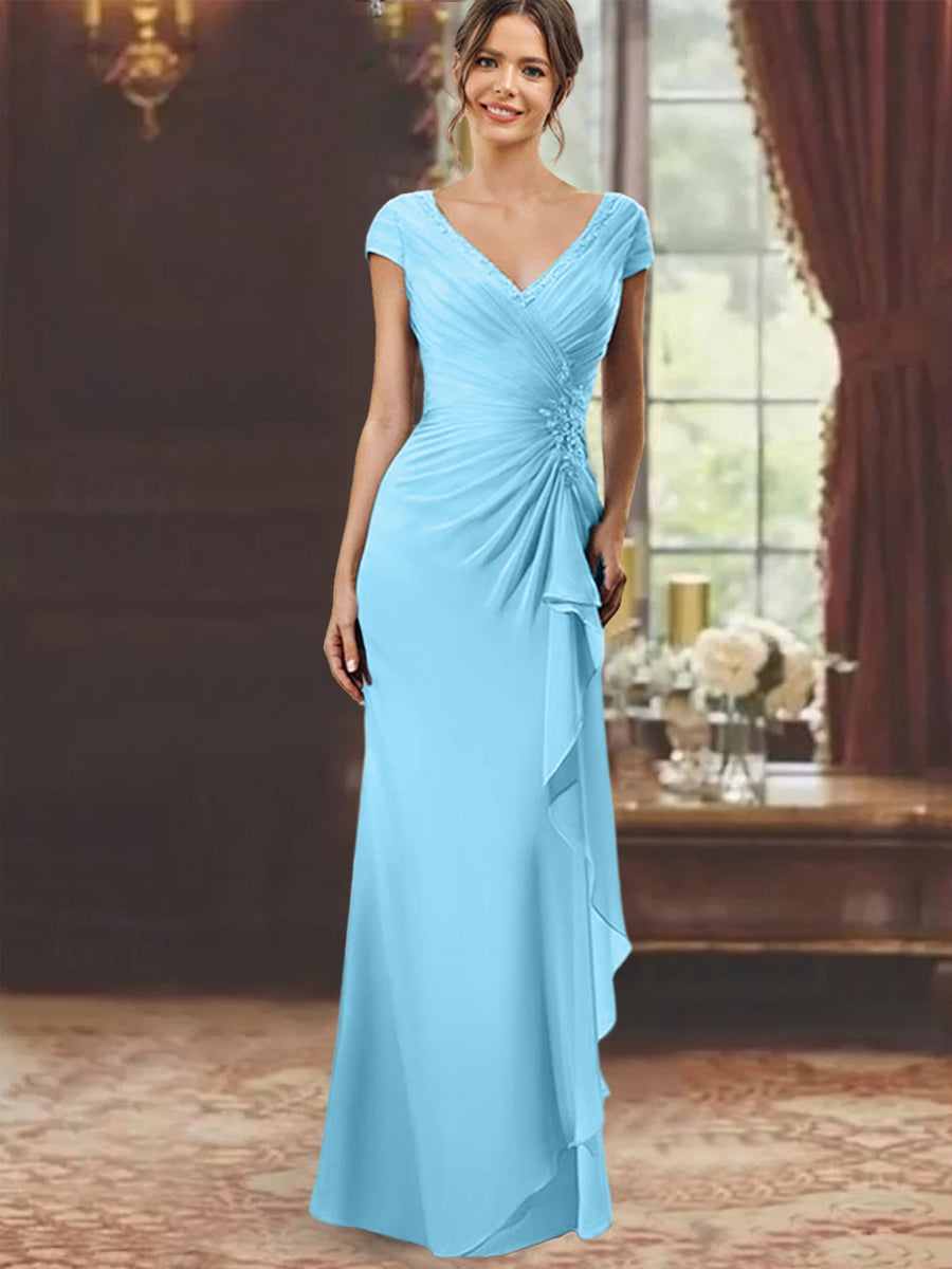 V-Neck Short-Sleeve Floor-Length Sheath Dress for the Mother of the Bride with Ruffles and Appliques
