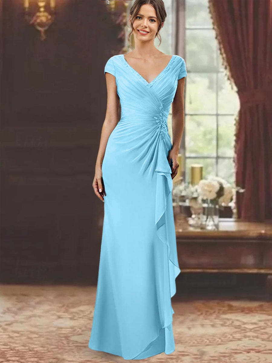 V-Neck Short-Sleeve Floor-Length Sheath Dress for the Mother of the Bride with Ruffles and Appliques