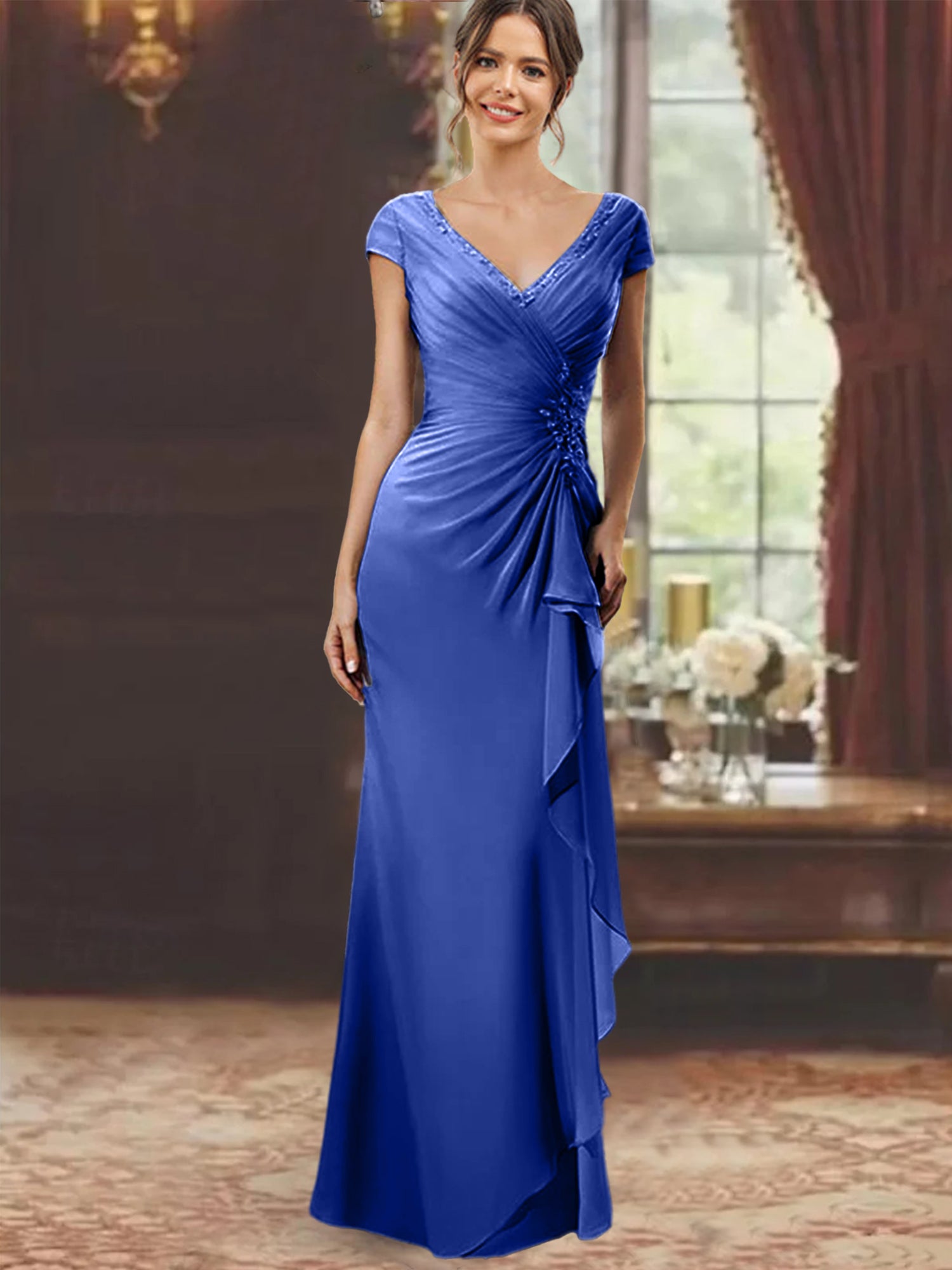 V-Neck Short-Sleeve Floor-Length Sheath Dress for the Mother of the Bride with Ruffles and Appliques