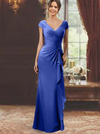 V-Neck Short-Sleeve Floor-Length Sheath Dress for the Mother of the Bride with Ruffles and Appliques