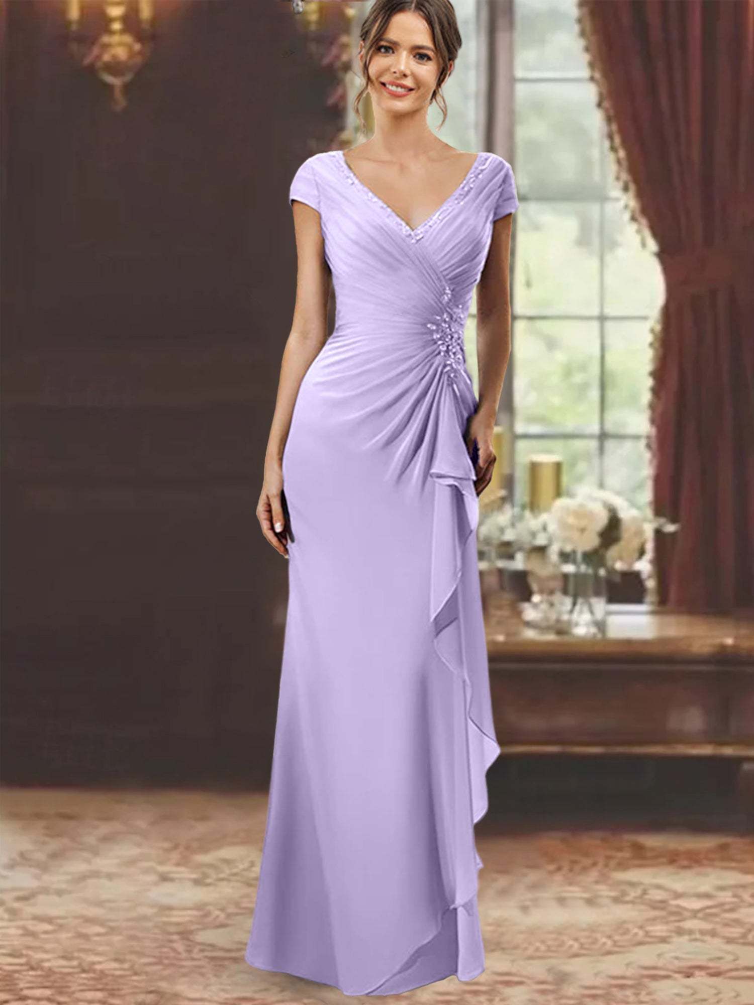 V-Neck Short-Sleeve Floor-Length Sheath Dress for the Mother of the Bride with Ruffles and Appliques