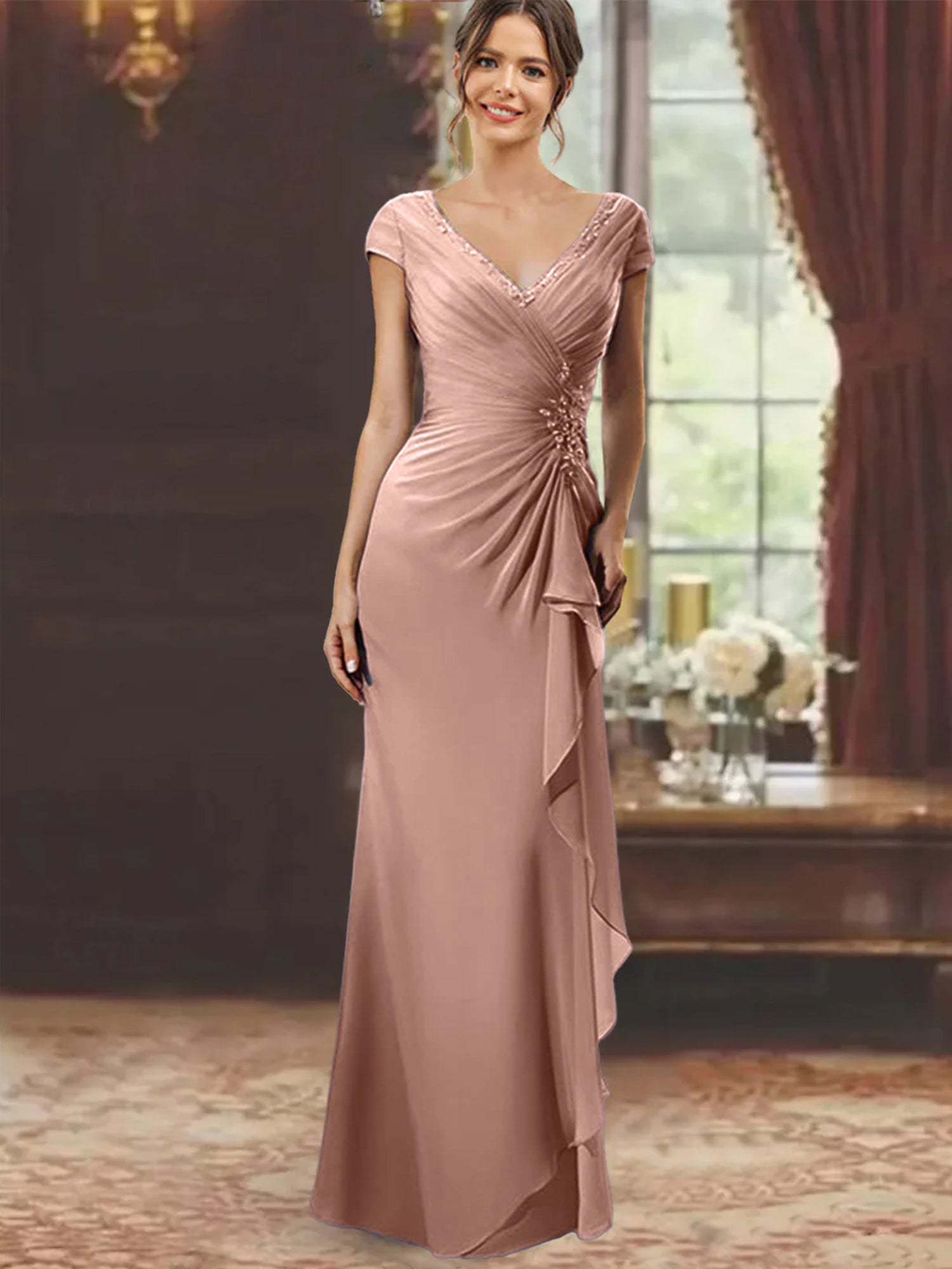 V-Neck Short-Sleeve Floor-Length Sheath Dress for the Mother of the Bride with Ruffles and Appliques