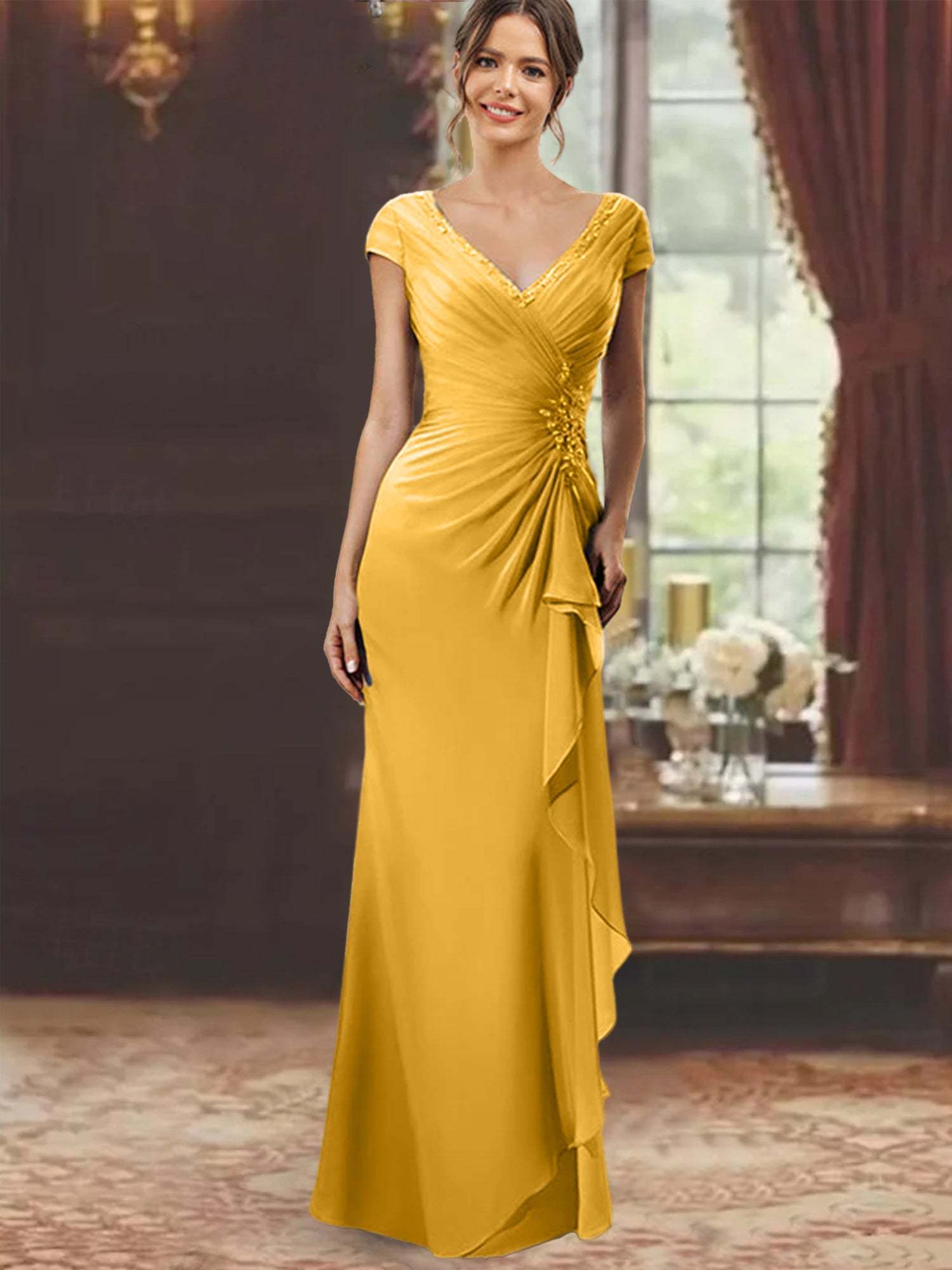 V-Neck Short-Sleeve Floor-Length Sheath Dress for the Mother of the Bride with Ruffles and Appliques