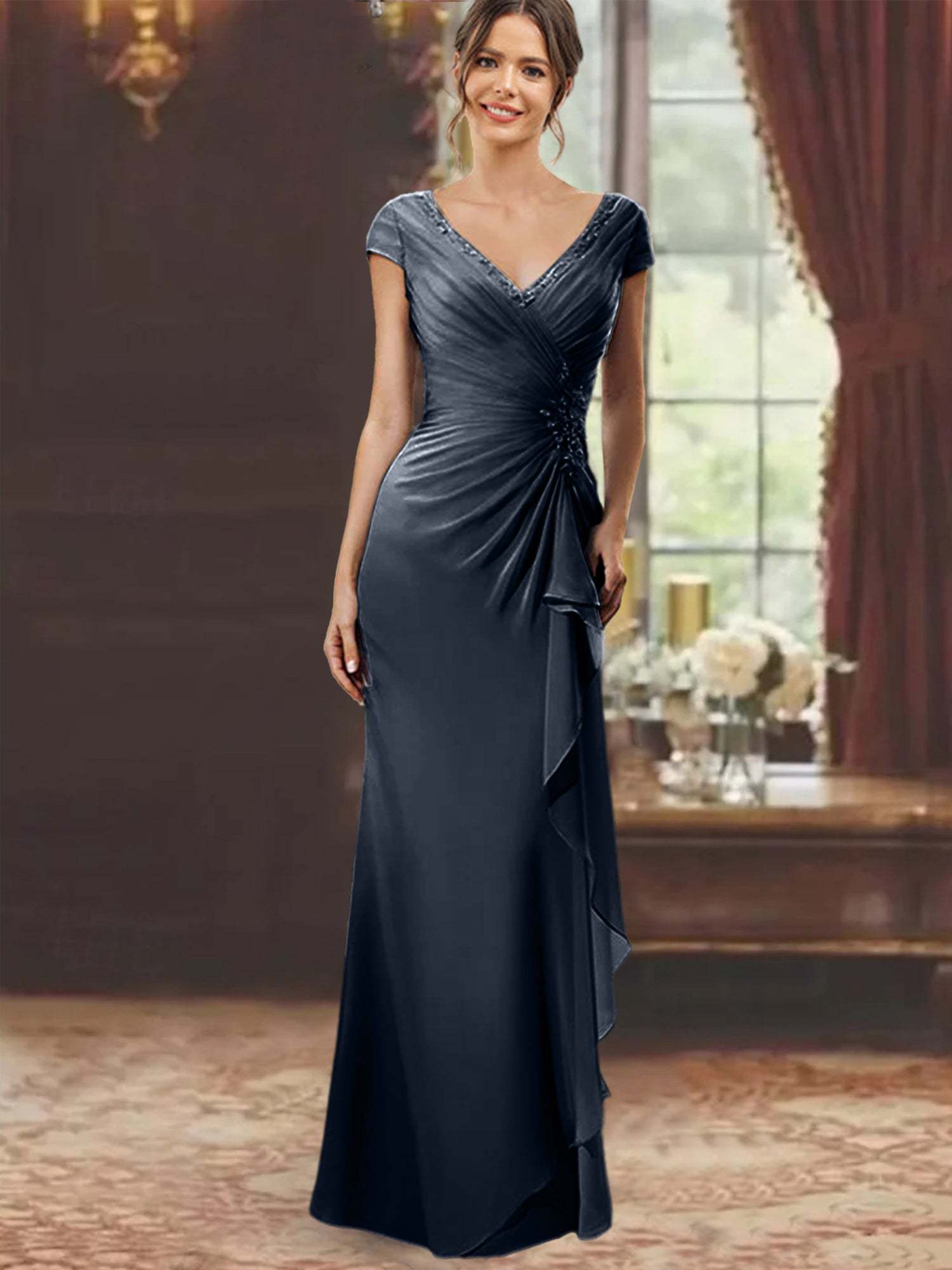 V-Neck Short-Sleeve Floor-Length Sheath Dress for the Mother of the Bride with Ruffles and Appliques