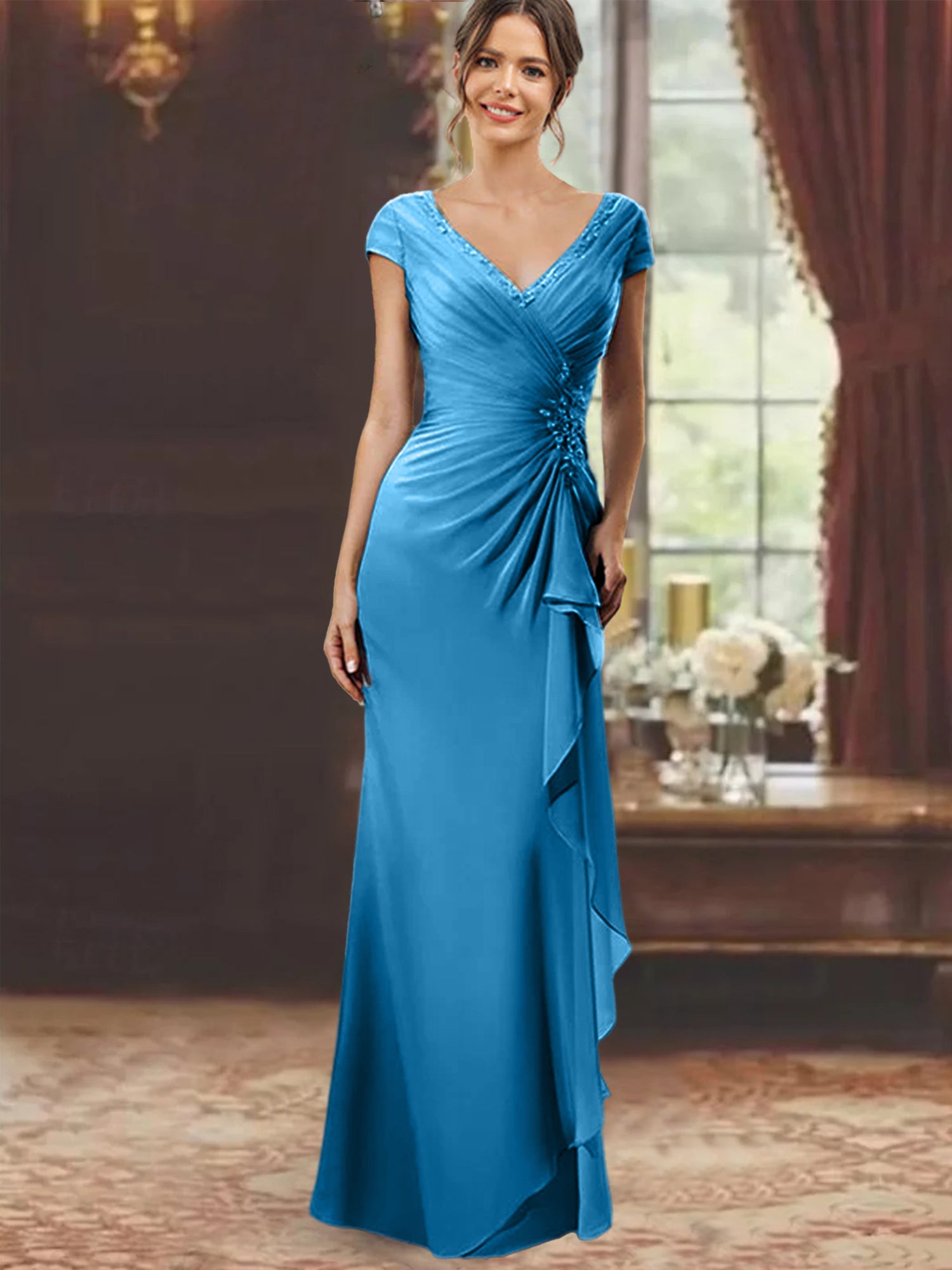 V-Neck Short-Sleeve Floor-Length Sheath Dress for the Mother of the Bride with Ruffles and Appliques