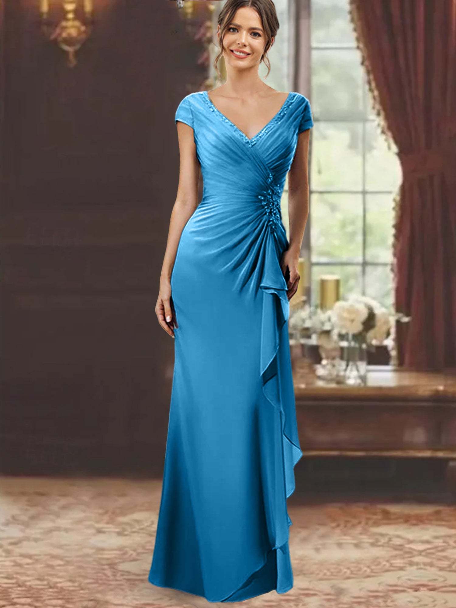 V-Neck Short-Sleeve Floor-Length Sheath Dress for the Mother of the Bride with Ruffles and Appliques