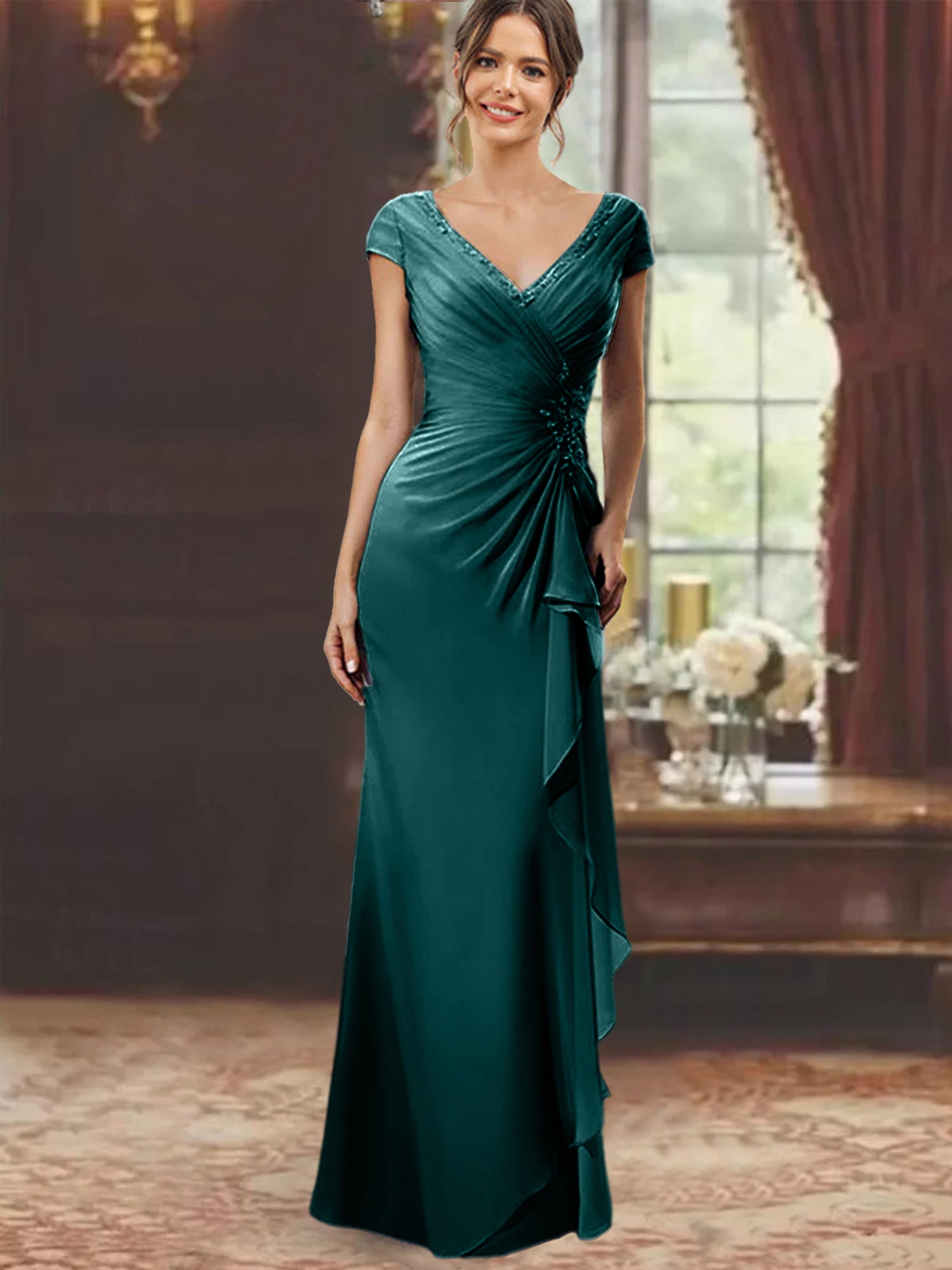 V-Neck Short-Sleeve Floor-Length Sheath Dress for the Mother of the Bride with Ruffles and Appliques