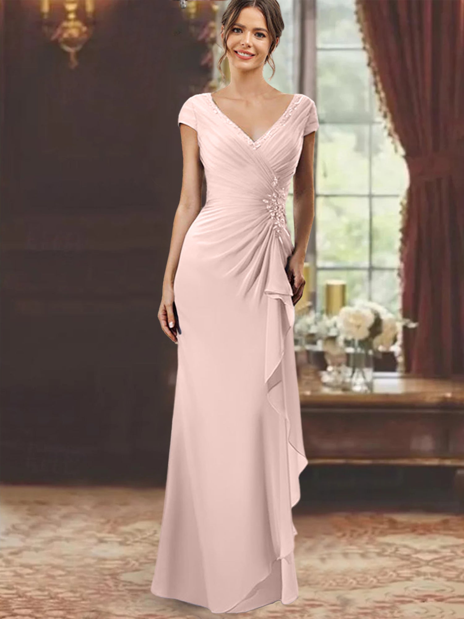 V-Neck Short-Sleeve Floor-Length Sheath Dress for the Mother of the Bride with Ruffles and Appliques