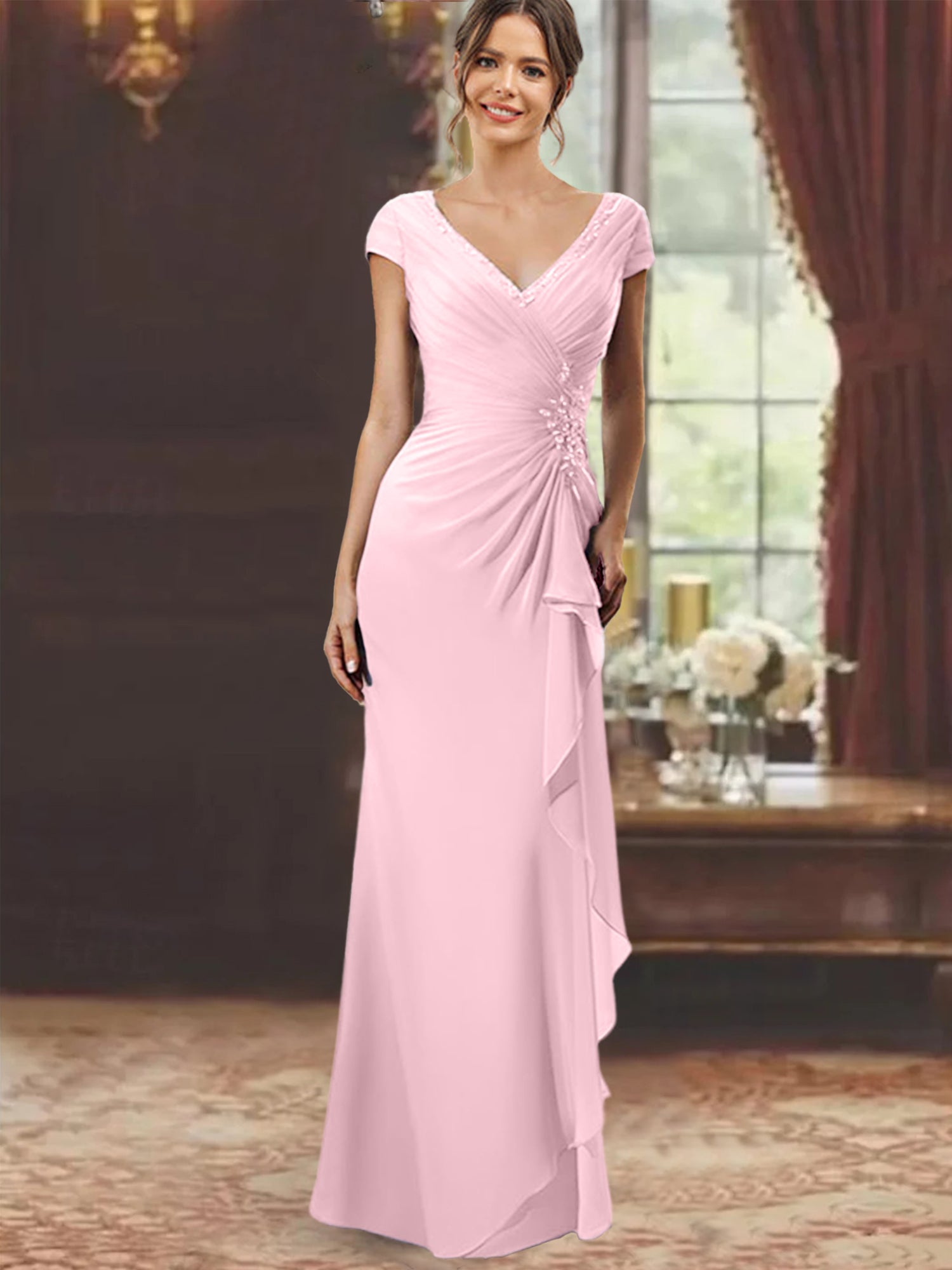 V-Neck Short-Sleeve Floor-Length Sheath Dress for the Mother of the Bride with Ruffles and Appliques