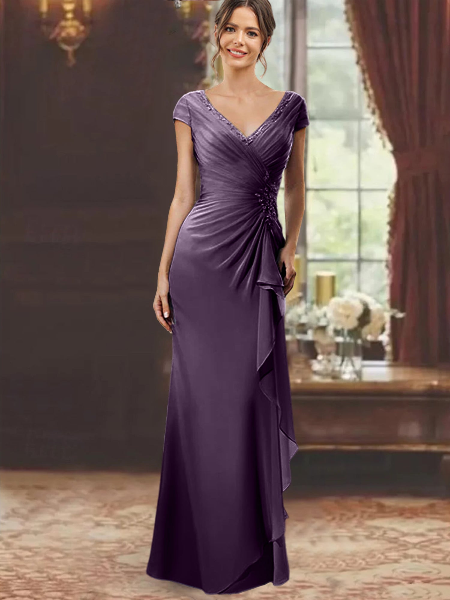 V-Neck Short-Sleeve Floor-Length Sheath Dress for the Mother of the Bride with Ruffles and Appliques