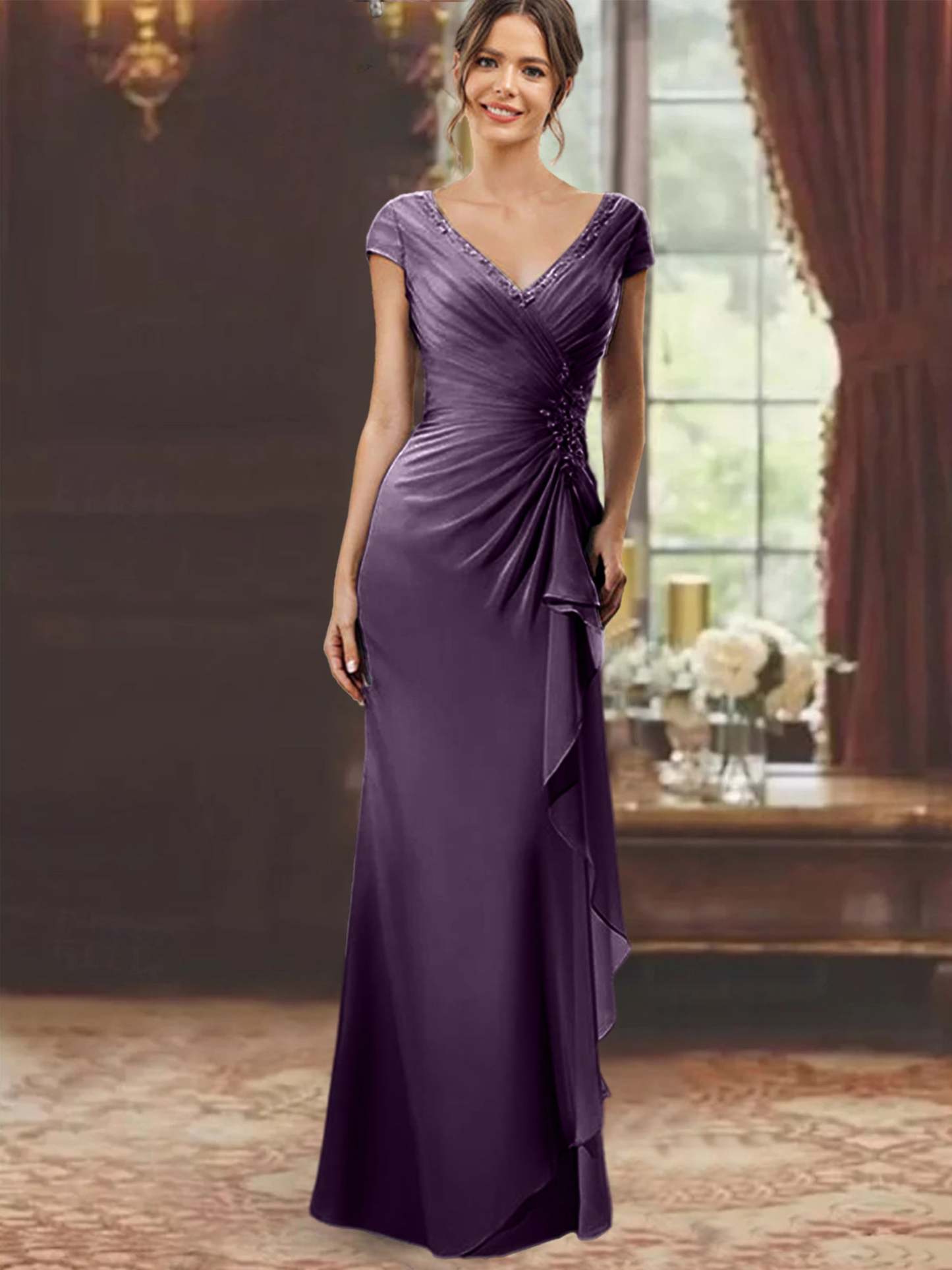 V-Neck Short-Sleeve Floor-Length Sheath Dress for the Mother of the Bride with Ruffles and Appliques