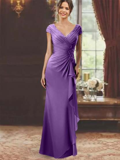 V-Neck Short-Sleeve Floor-Length Sheath Dress for the Mother of the Bride with Ruffles and Appliques