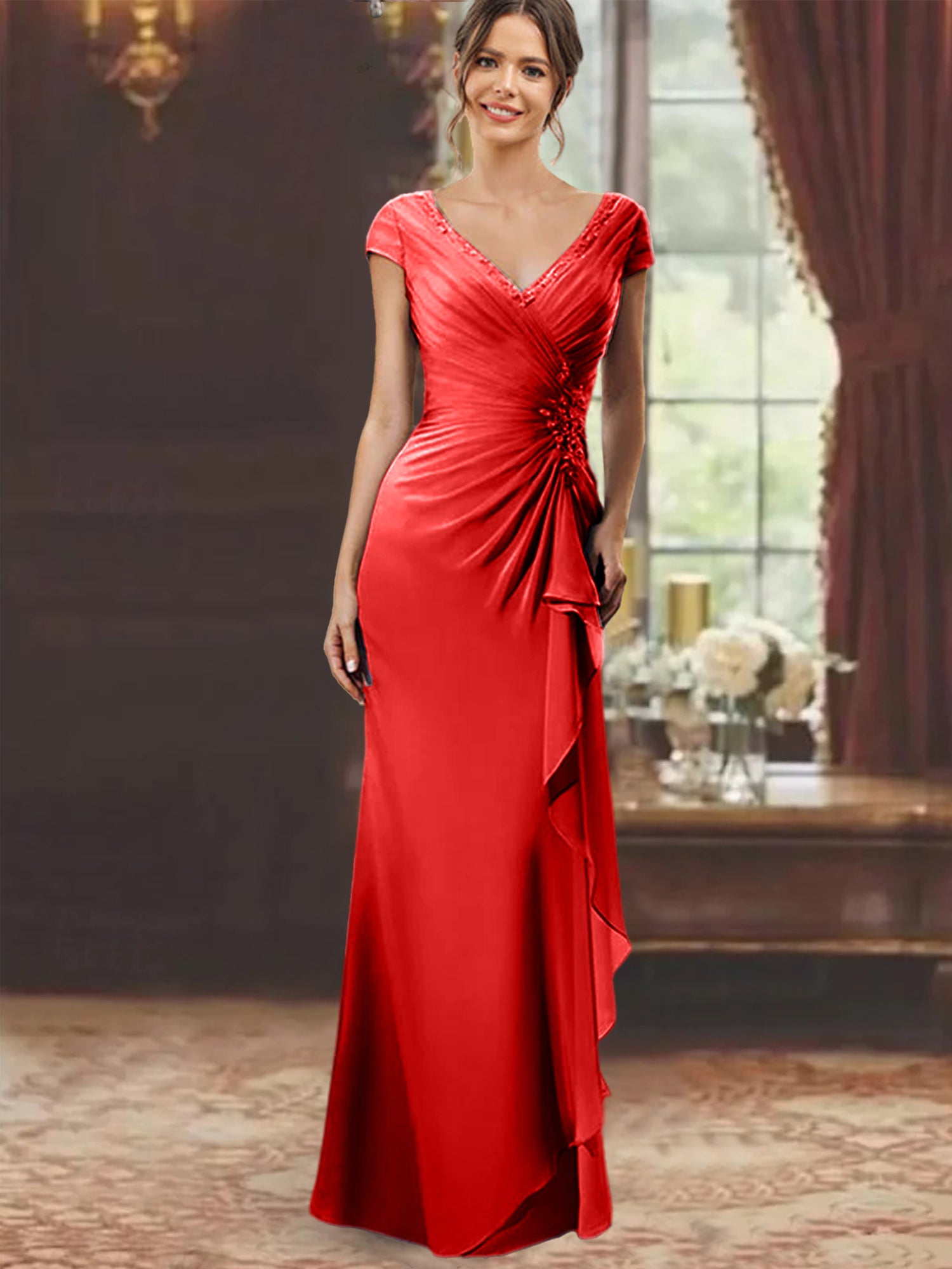 V-Neck Short-Sleeve Floor-Length Sheath Dress for the Mother of the Bride with Ruffles and Appliques