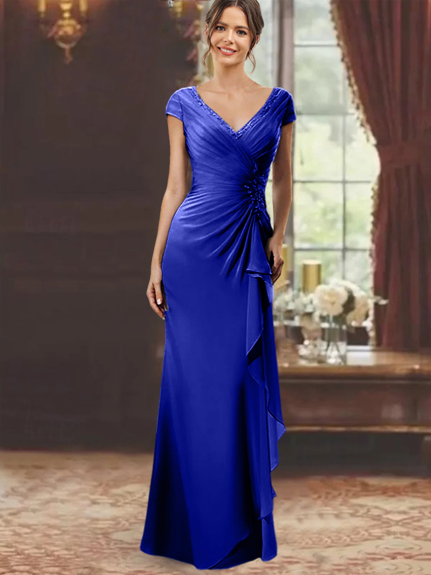 V-Neck Short-Sleeve Floor-Length Sheath Dress for the Mother of the Bride with Ruffles and Appliques
