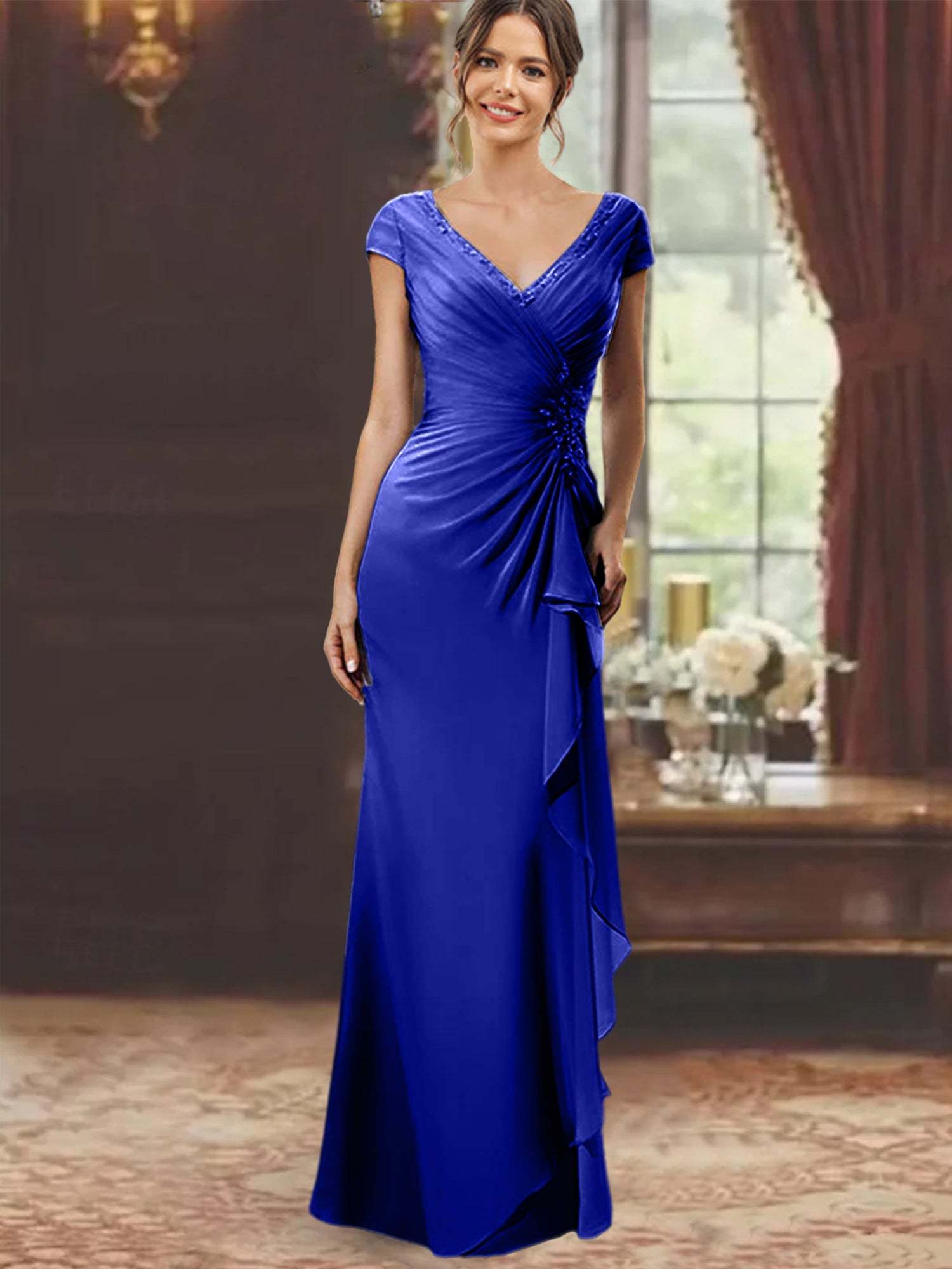 V-Neck Short-Sleeve Floor-Length Sheath Dress for the Mother of the Bride with Ruffles and Appliques