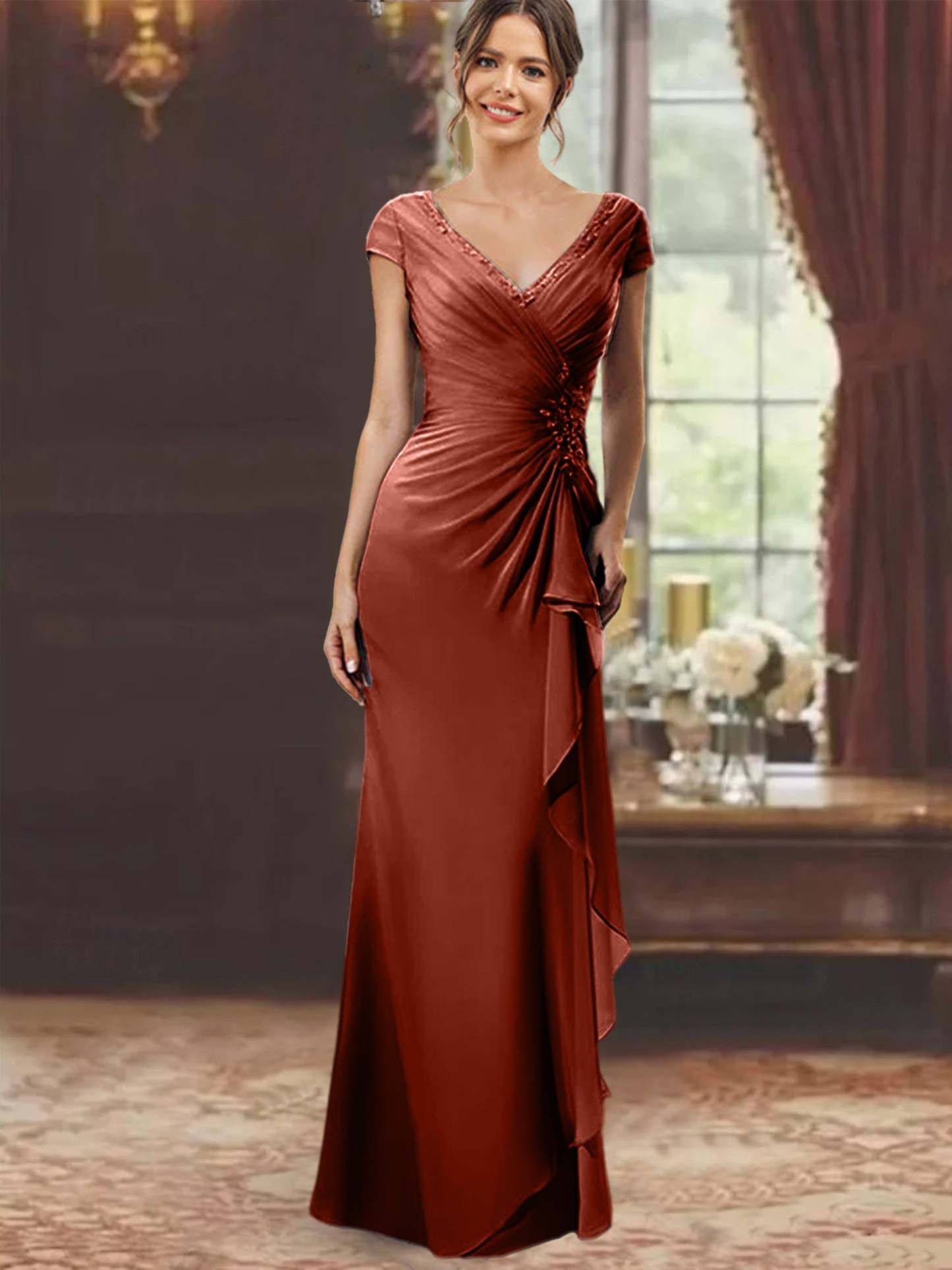 V-Neck Short-Sleeve Floor-Length Sheath Dress for the Mother of the Bride with Ruffles and Appliques