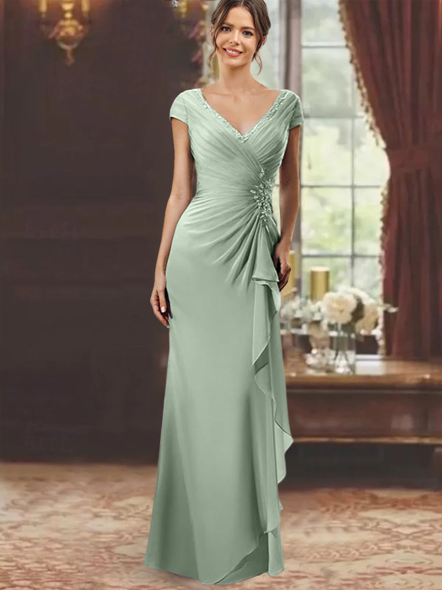 V-Neck Short-Sleeve Floor-Length Sheath Dress for the Mother of the Bride with Ruffles and Appliques