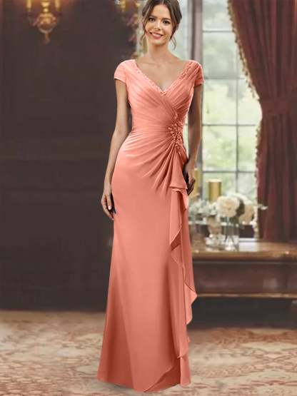 V-Neck Short-Sleeve Floor-Length Sheath Dress for the Mother of the Bride with Ruffles and Appliques