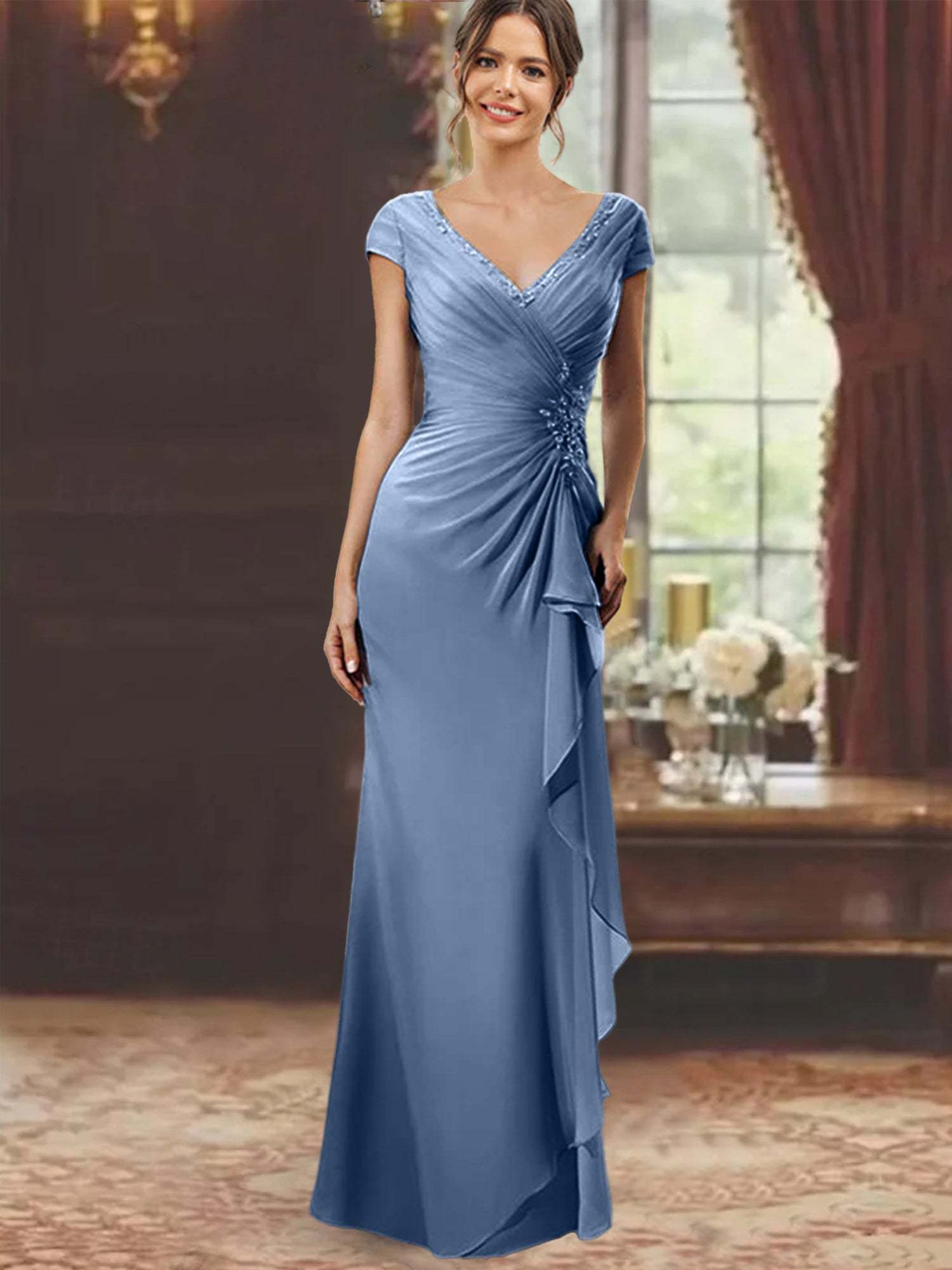 V-Neck Short-Sleeve Floor-Length Sheath Dress for the Mother of the Bride with Ruffles and Appliques