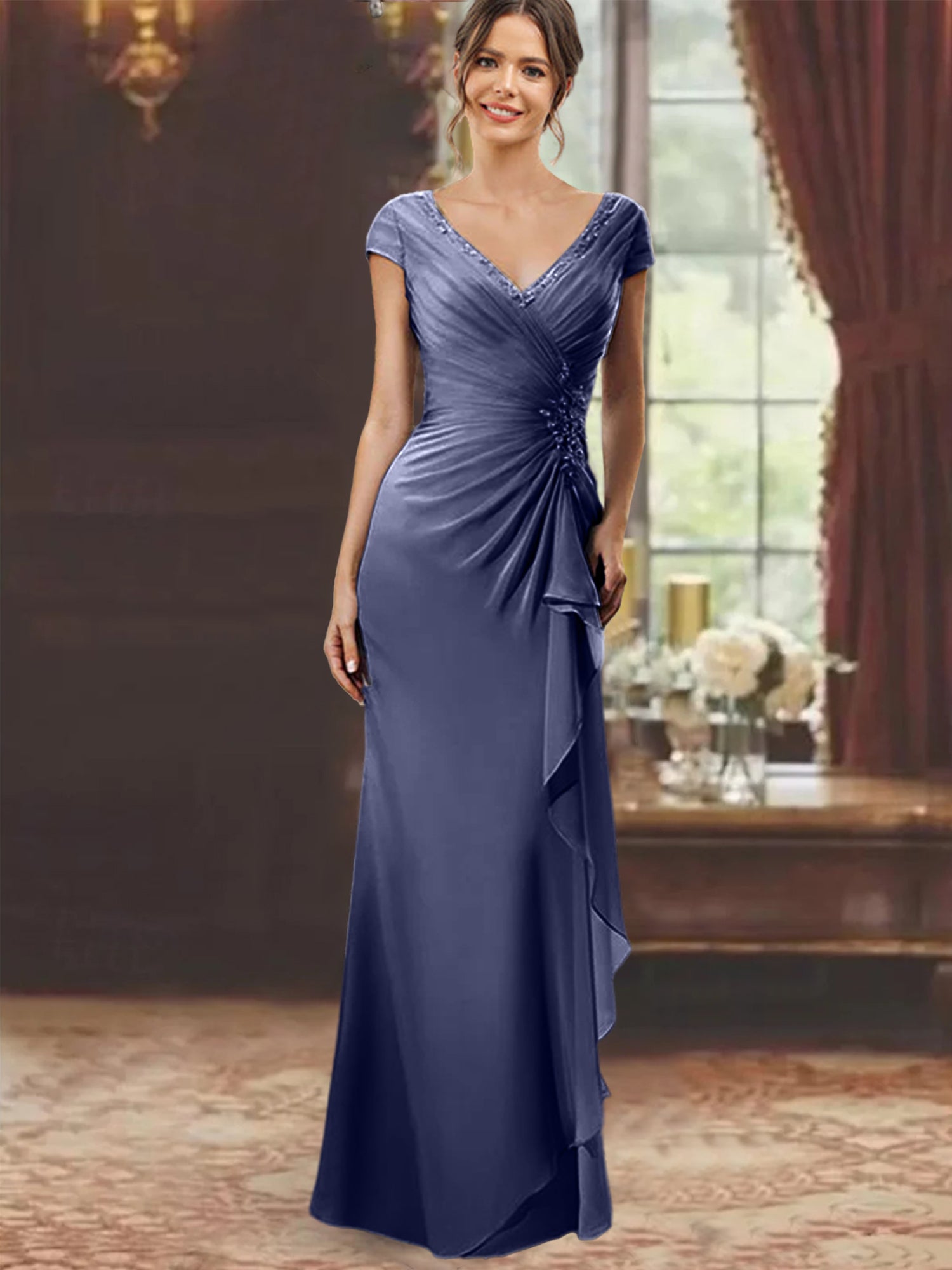 V-Neck Short-Sleeve Floor-Length Sheath Dress for the Mother of the Bride with Ruffles and Appliques