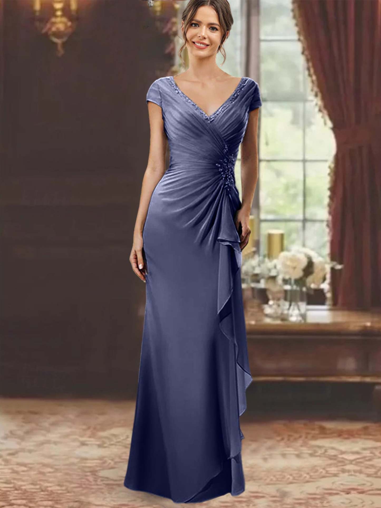 V-Neck Short-Sleeve Floor-Length Sheath Dress for the Mother of the Bride with Ruffles and Appliques