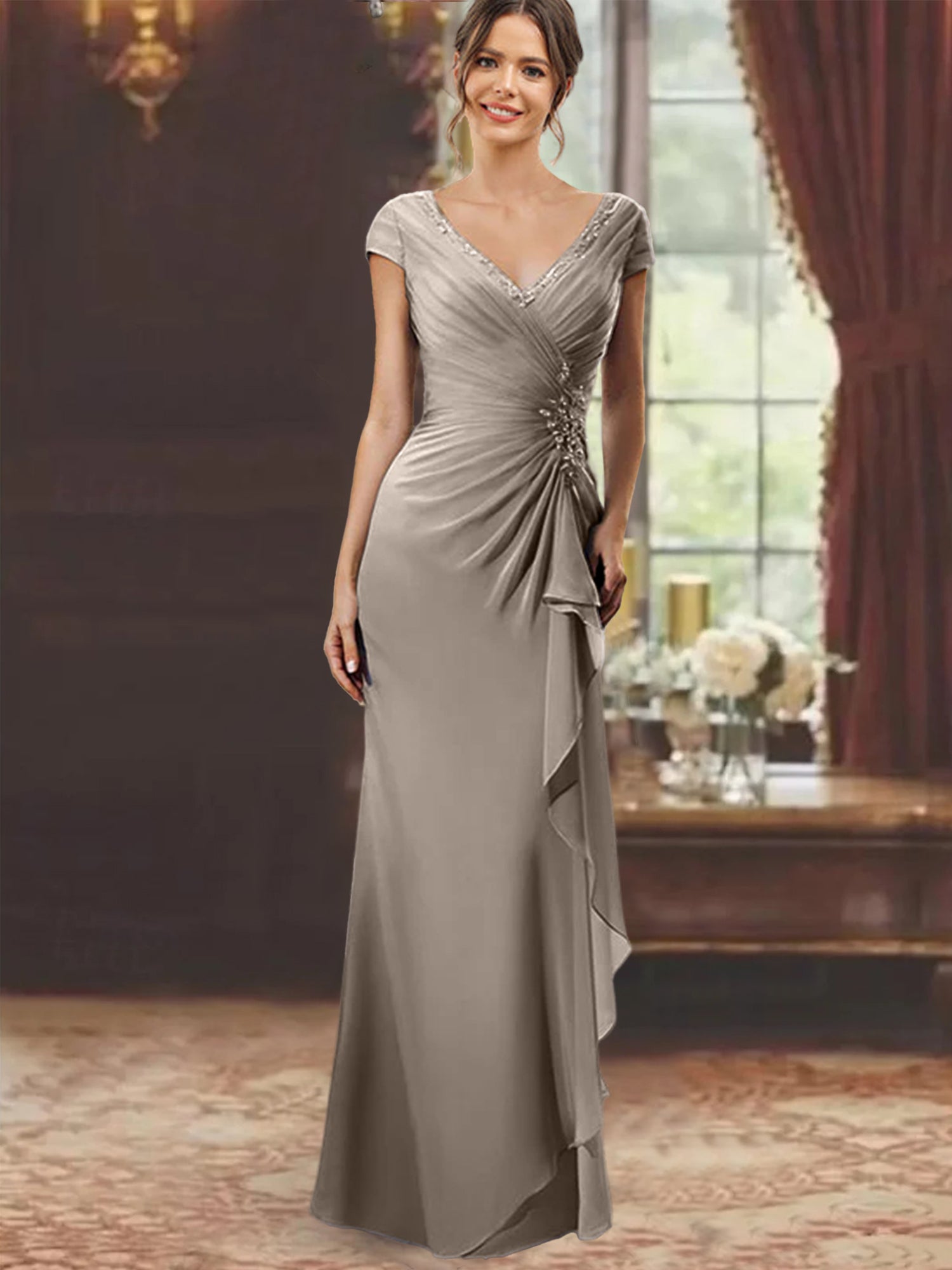 V-Neck Short-Sleeve Floor-Length Sheath Dress for the Mother of the Bride with Ruffles and Appliques
