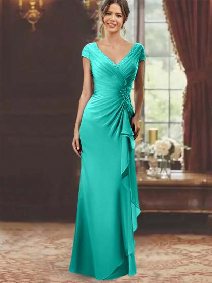 V-Neck Short-Sleeve Floor-Length Sheath Dress for the Mother of the Bride with Ruffles and Appliques