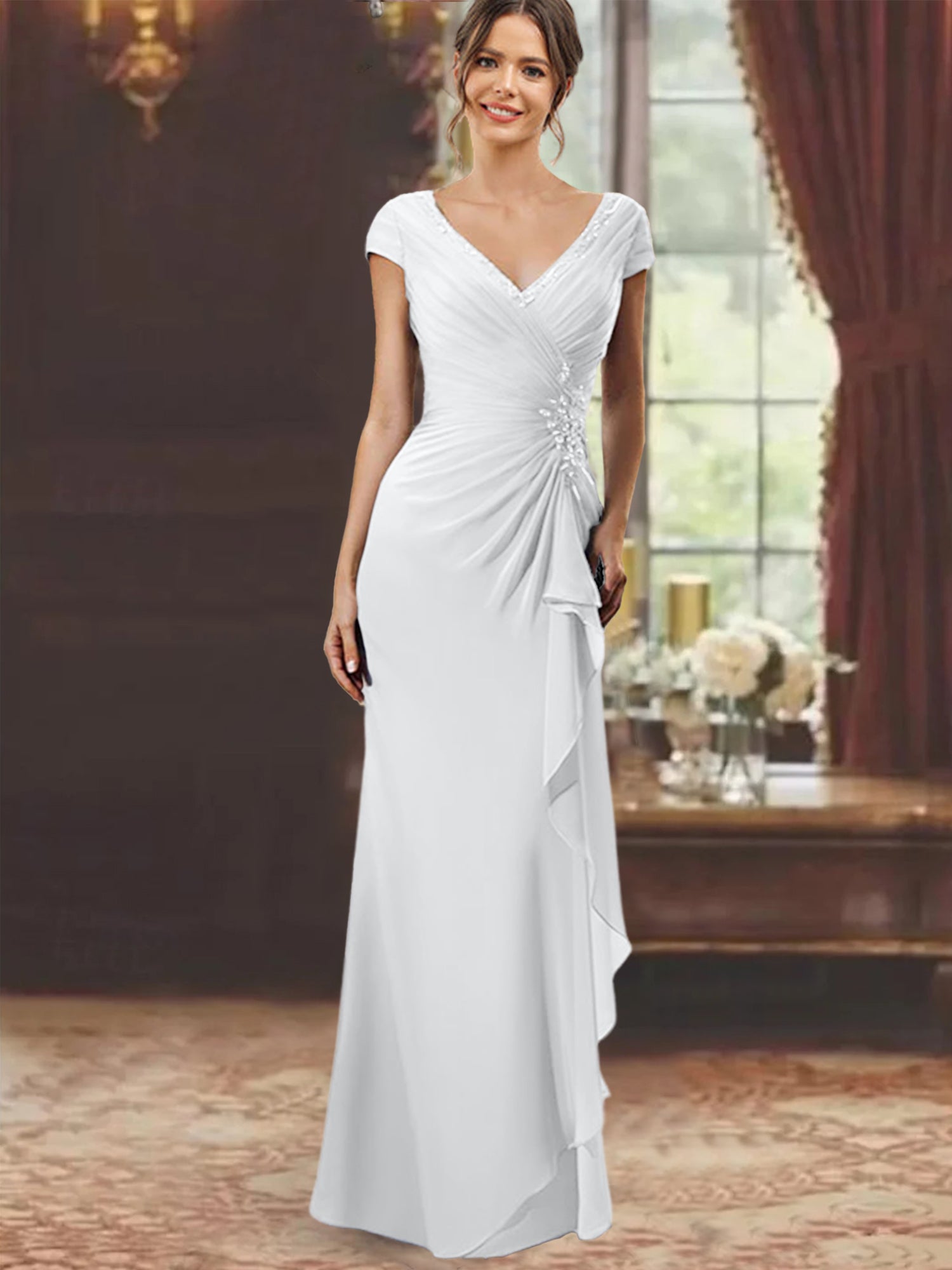 V-Neck Short-Sleeve Floor-Length Sheath Dress for the Mother of the Bride with Ruffles and Appliques