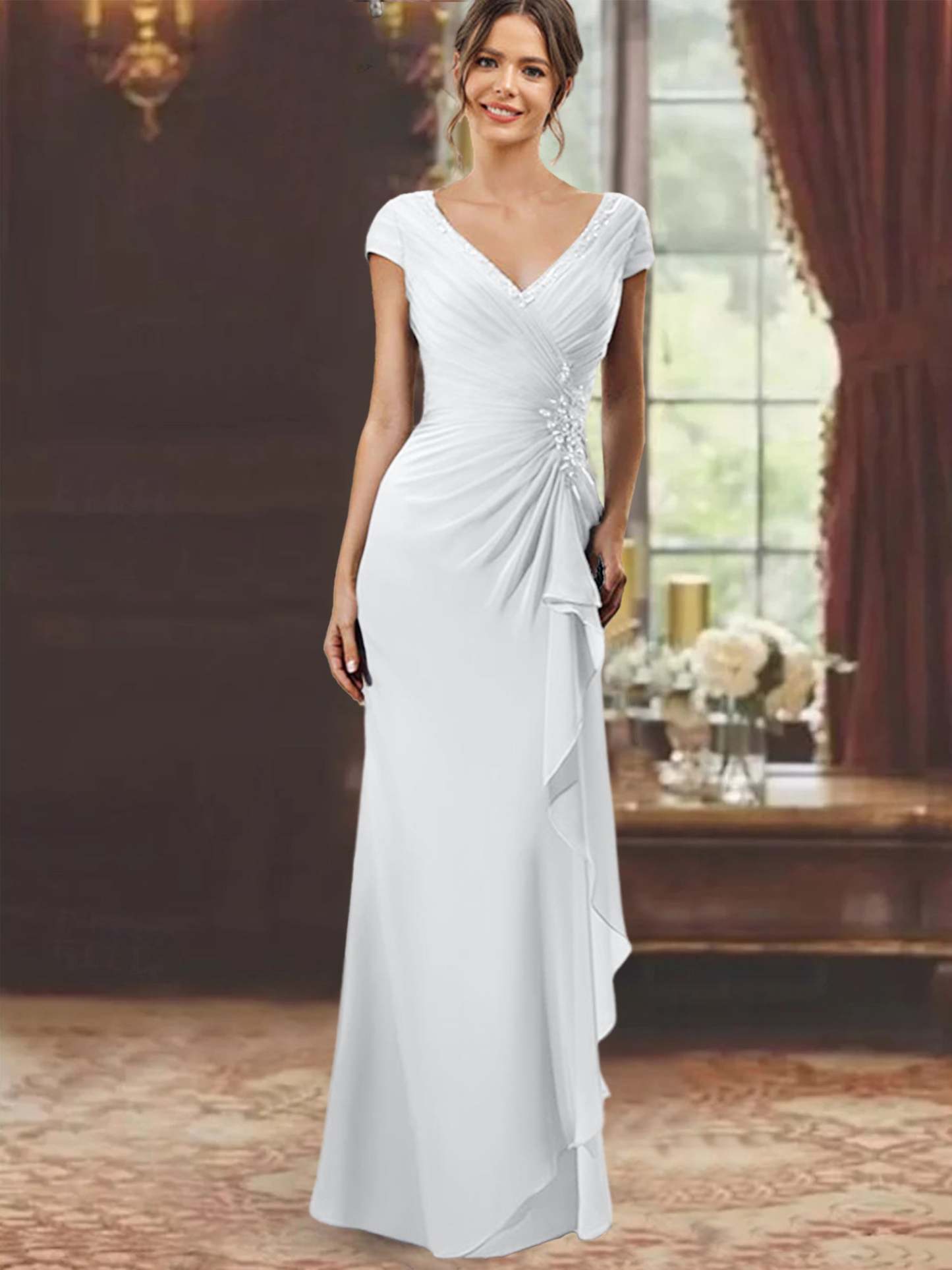 V-Neck Short-Sleeve Floor-Length Sheath Dress for the Mother of the Bride with Ruffles and Appliques