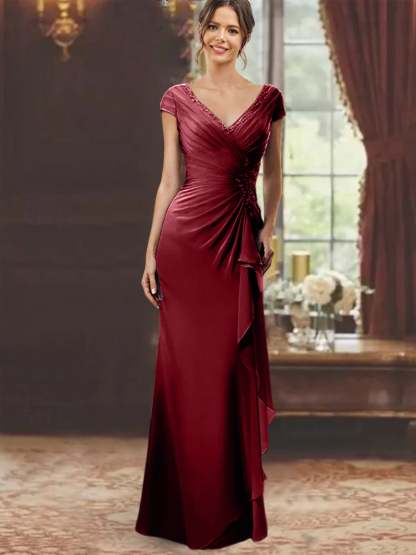 V-Neck Short-Sleeve Floor-Length Sheath Dress for the Mother of the Bride with Ruffles and Appliques