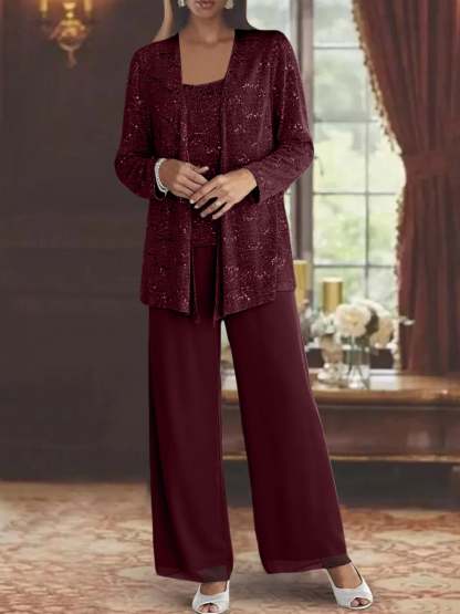 Sequined Chiffon Pantsuits for the Mother of the Bride with Jacket