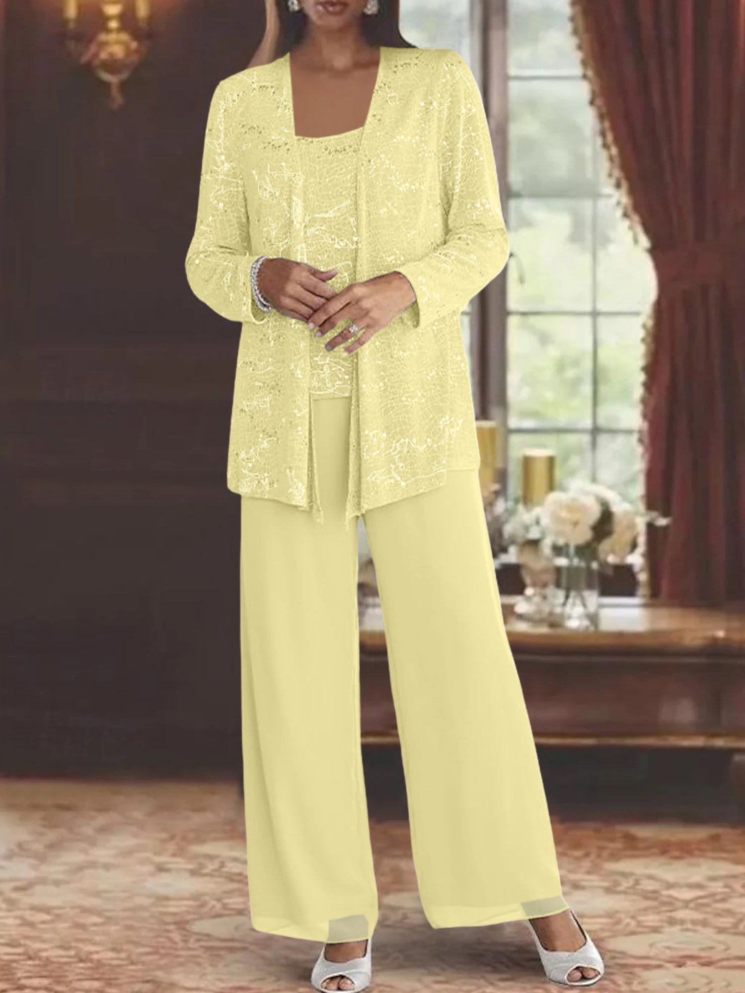 Sequined Chiffon Pantsuits for the Mother of the Bride with Jacket