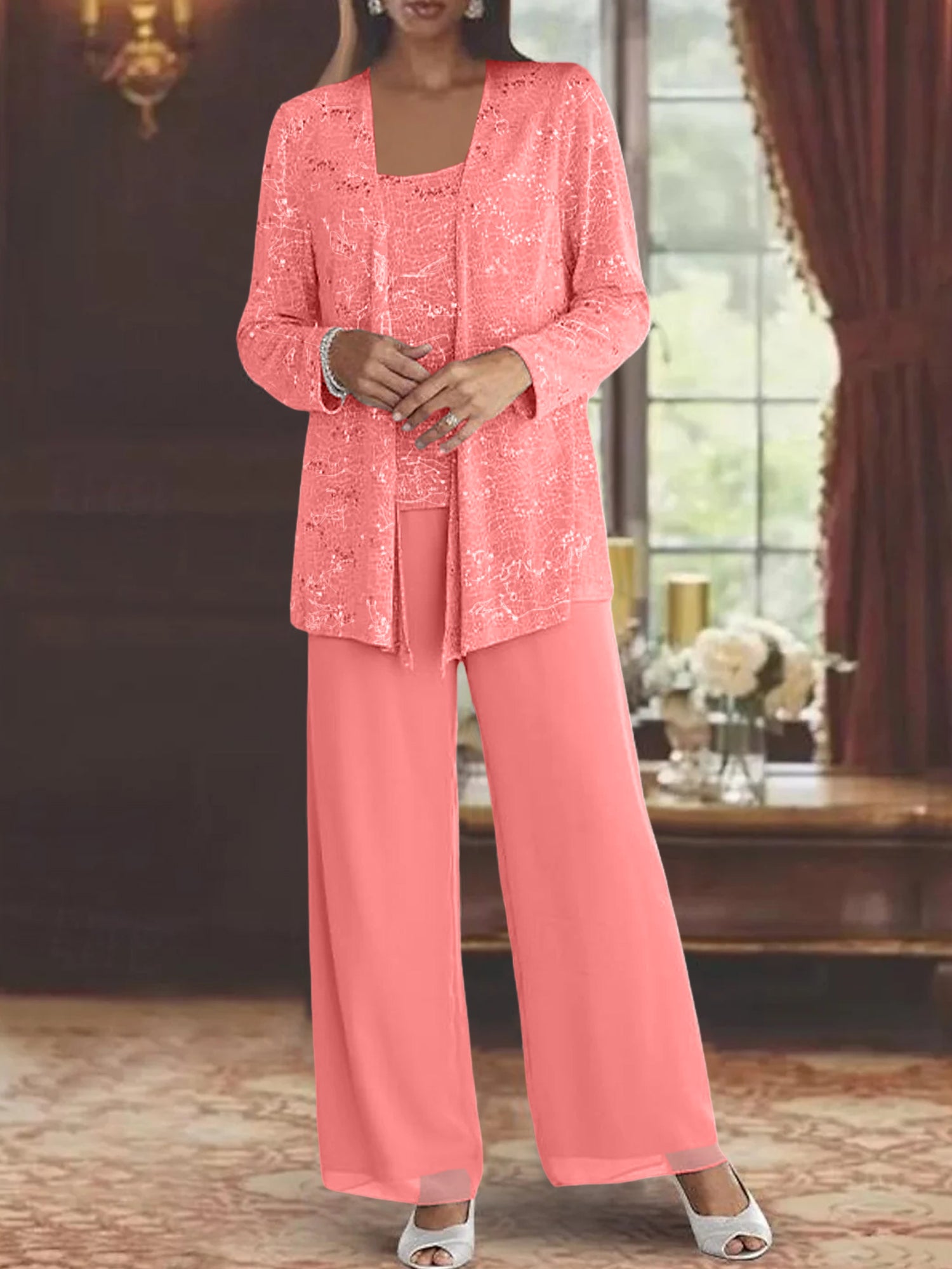 Sequined Chiffon Pantsuits for the Mother of the Bride with Jacket