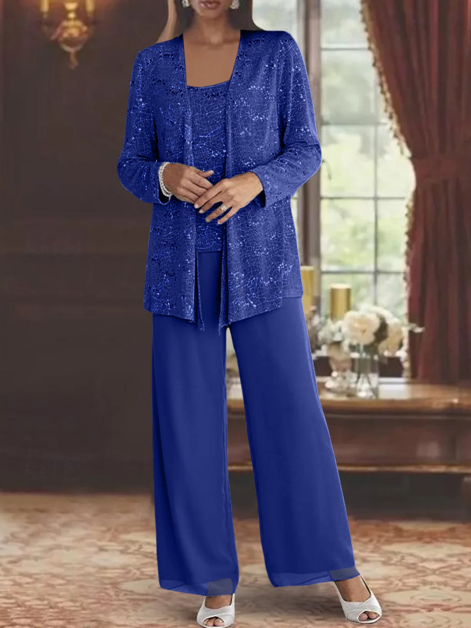 Sequined Chiffon Pantsuits for the Mother of the Bride with Jacket