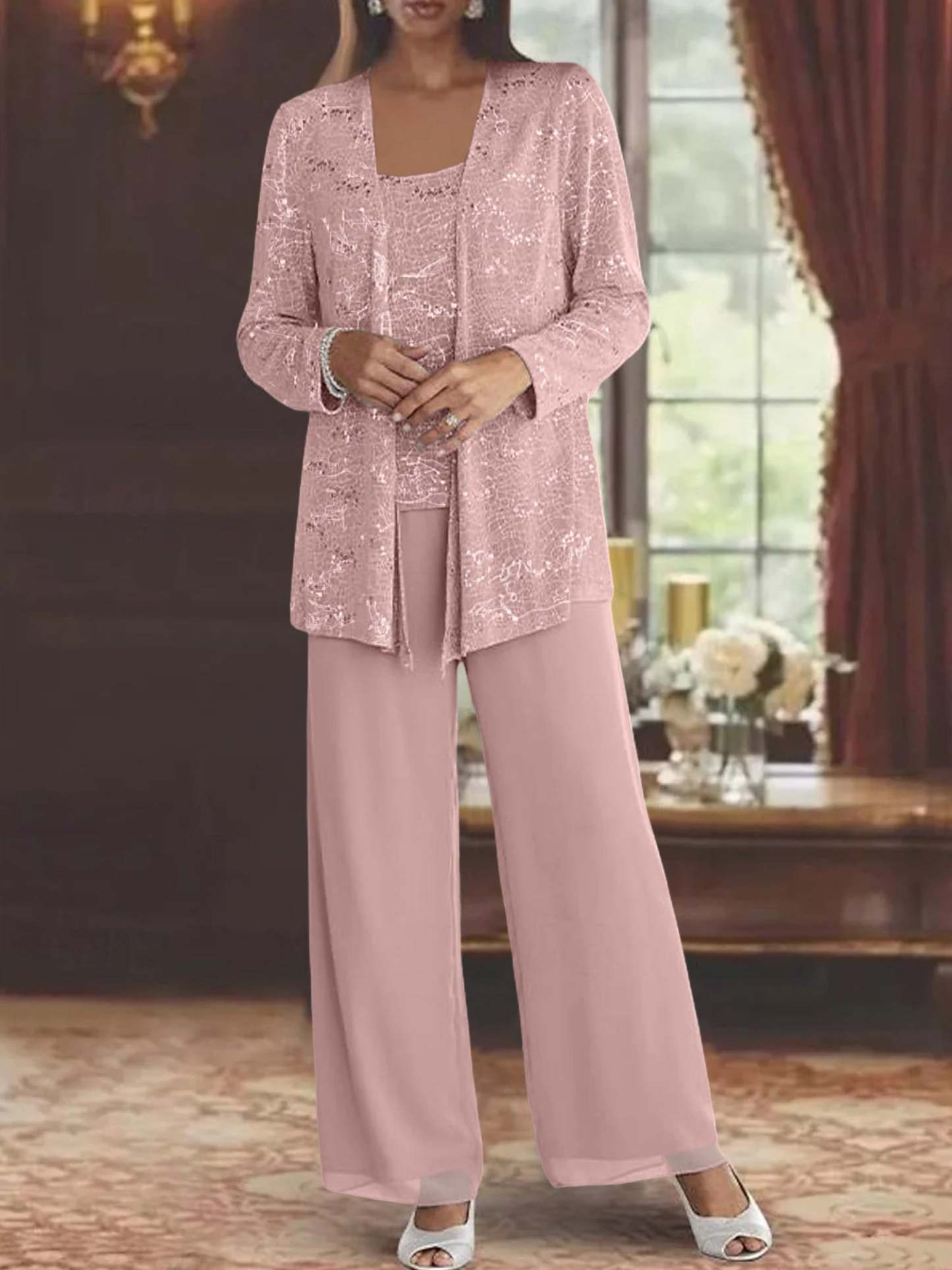 Sequined Chiffon Pantsuits for the Mother of the Bride with Jacket