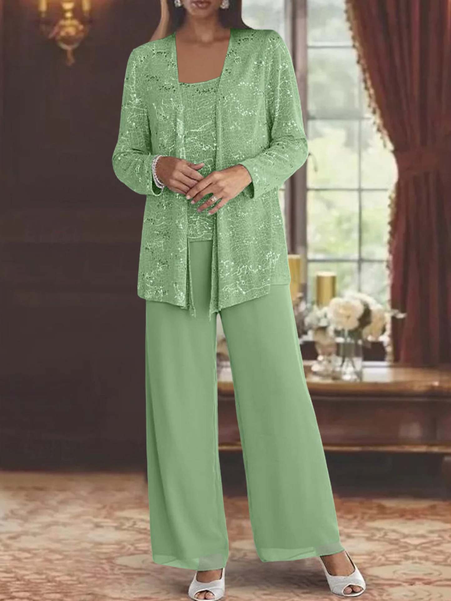 Sequined Chiffon Pantsuits for the Mother of the Bride with Jacket