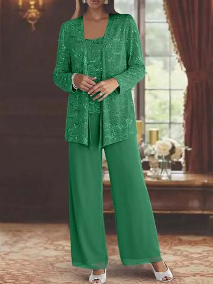 Sequined Chiffon Pantsuits for the Mother of the Bride with Jacket