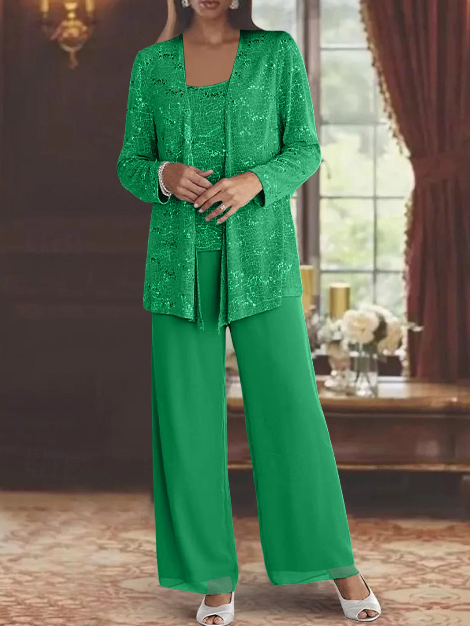 Sequined Chiffon Pantsuits for the Mother of the Bride with Jacket