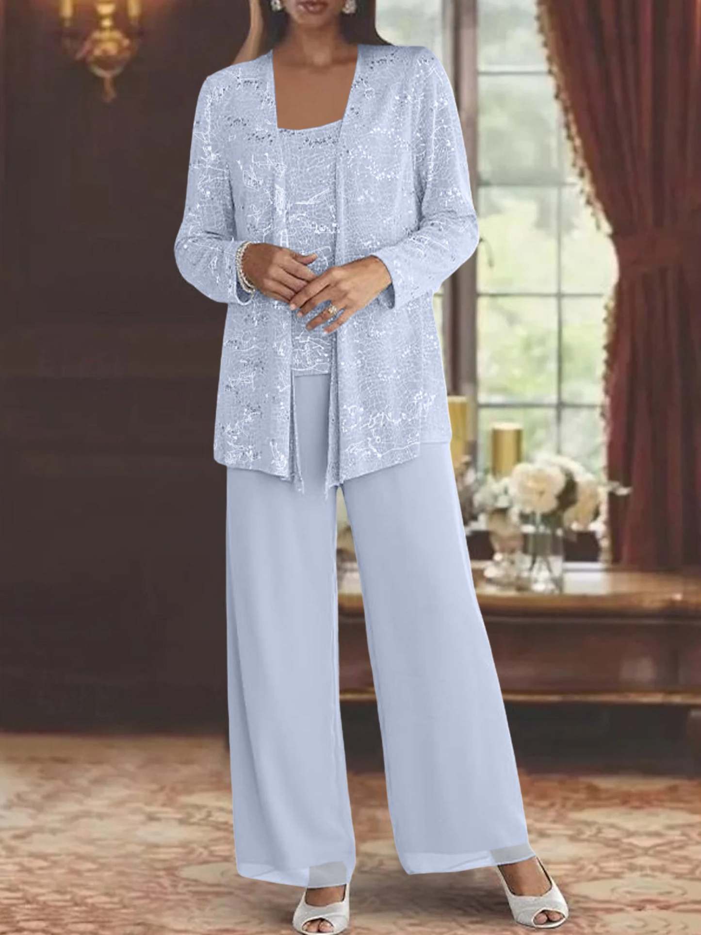Sequined Chiffon Pantsuits for the Mother of the Bride with Jacket