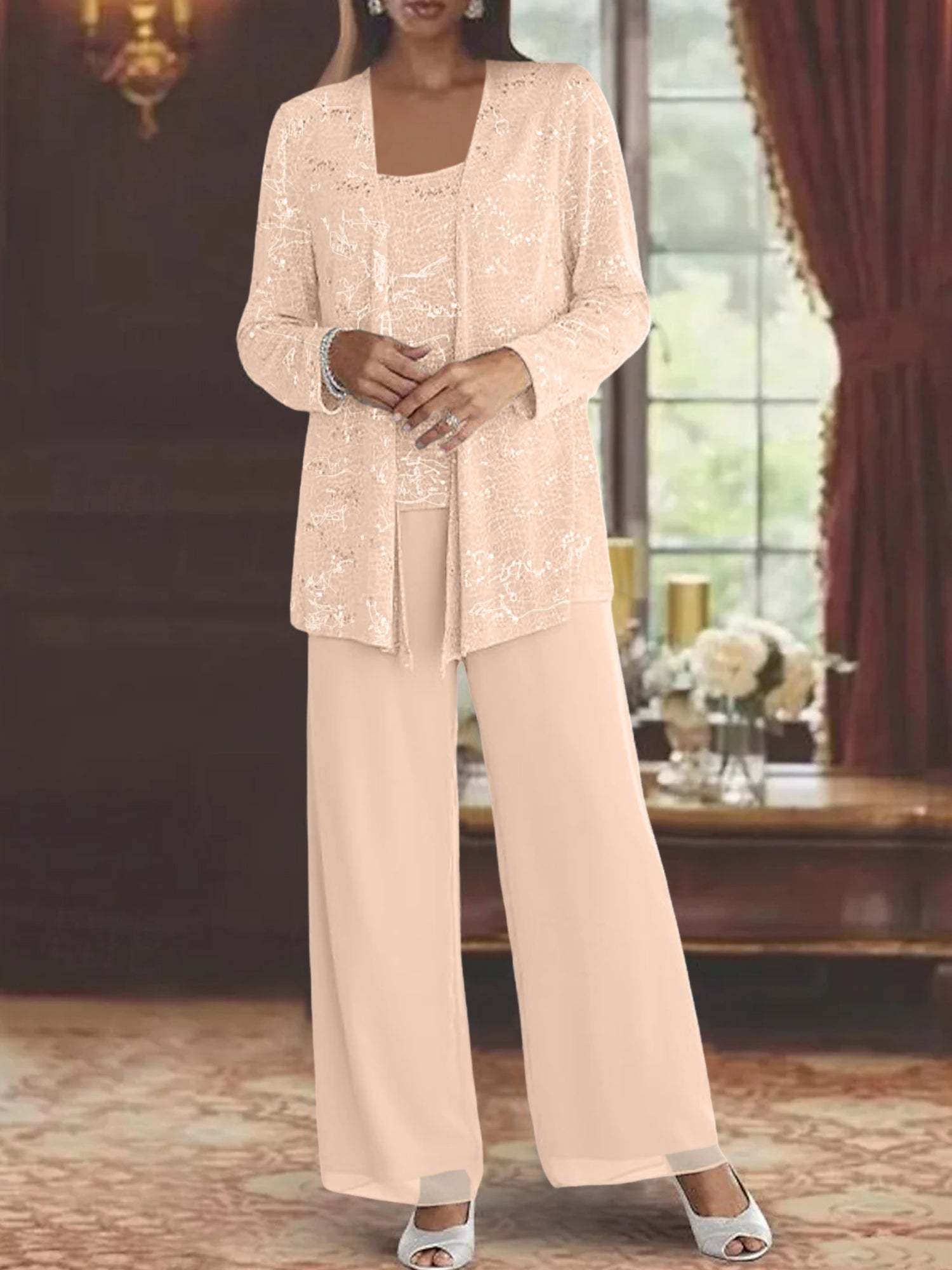 Sequined Chiffon Pantsuits for the Mother of the Bride with Jacket