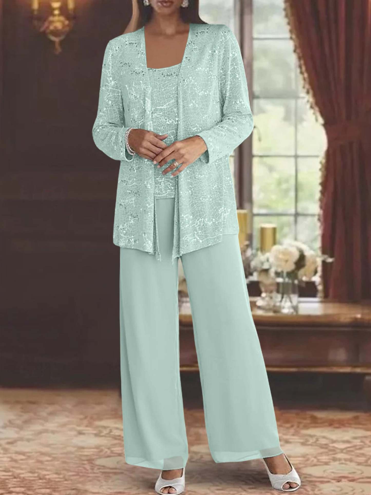 Sequined Chiffon Pantsuits for the Mother of the Bride with Jacket
