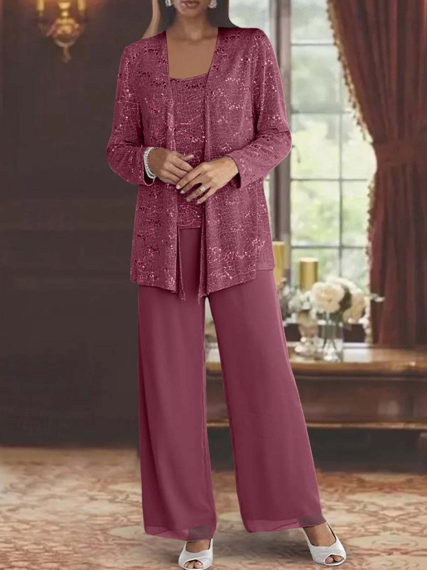 Sequined Chiffon Pantsuits for the Mother of the Bride with Jacket