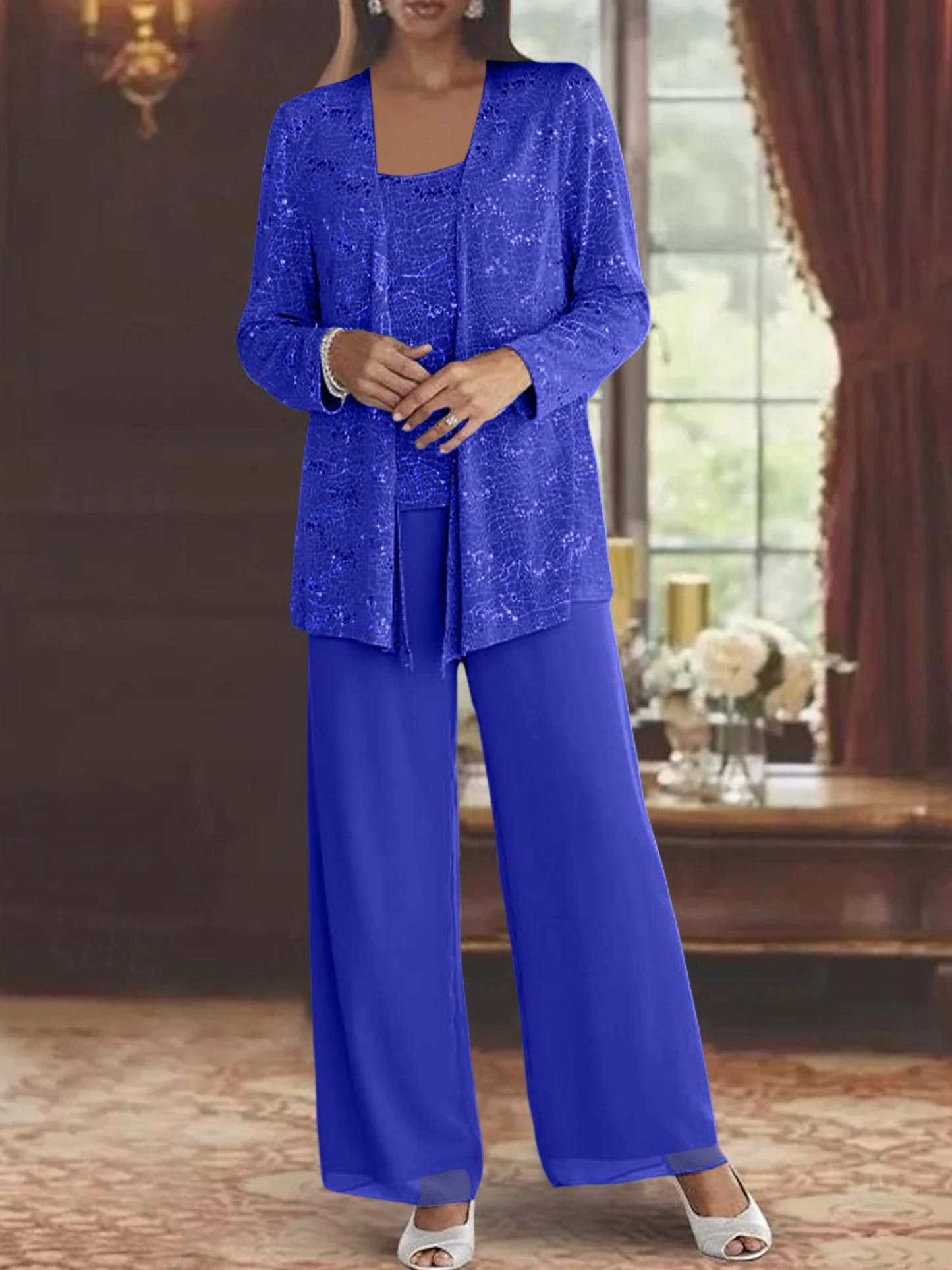 Sequined Chiffon Pantsuits for the Mother of the Bride with Jacket