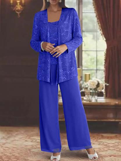 Sequined Chiffon Pantsuits for the Mother of the Bride with Jacket