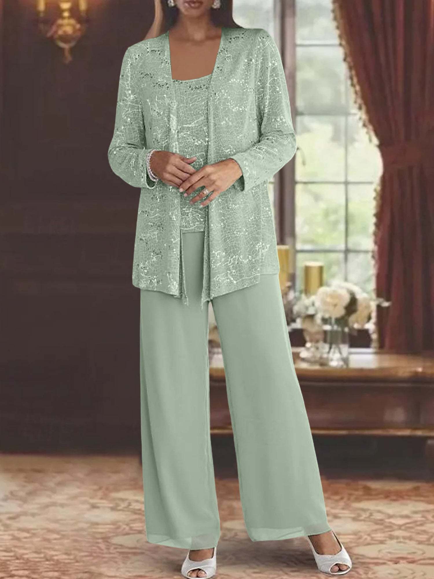 Sequined Chiffon Pantsuits for the Mother of the Bride with Jacket
