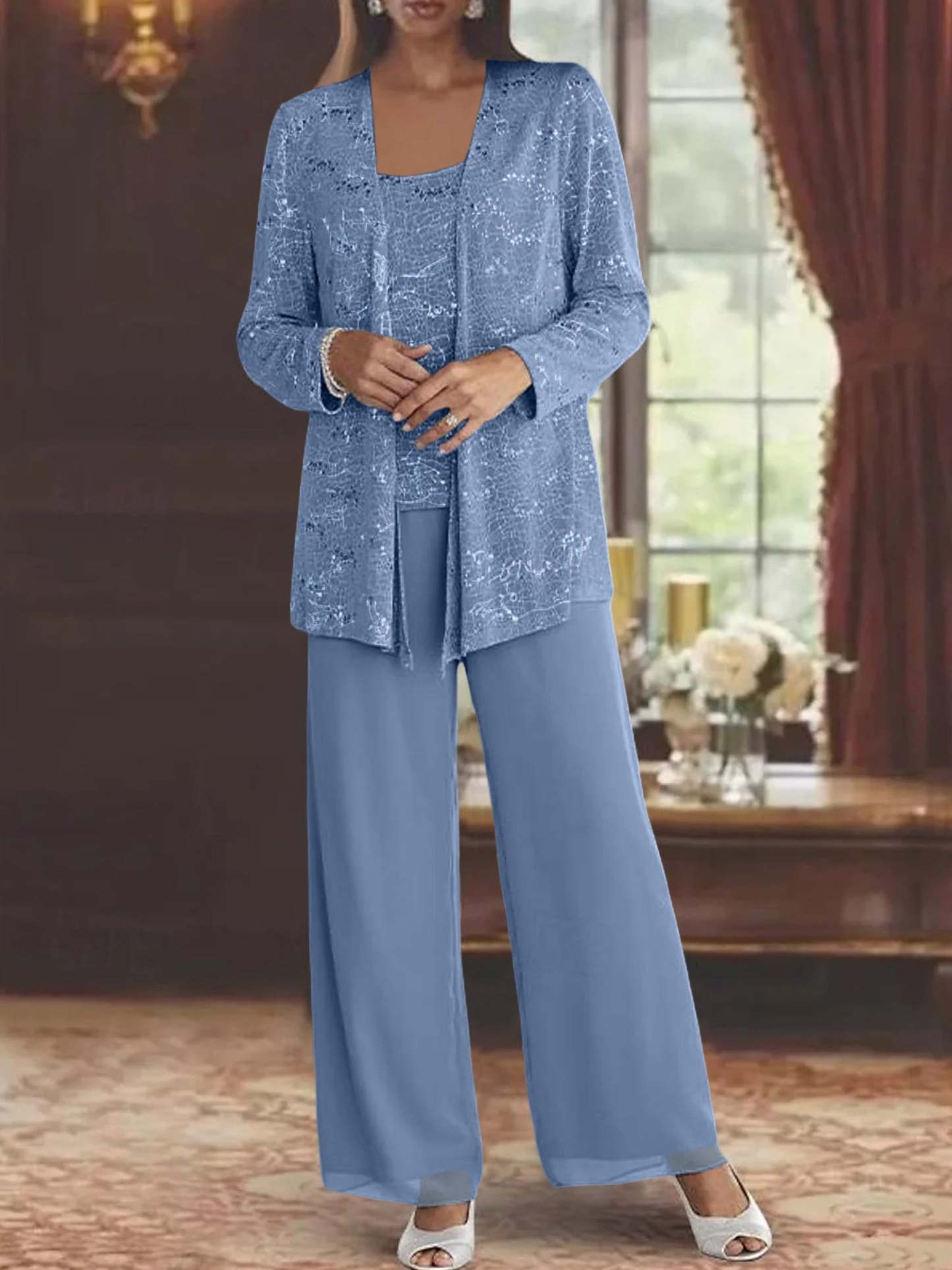 Sequined Chiffon Pantsuits for the Mother of the Bride with Jacket