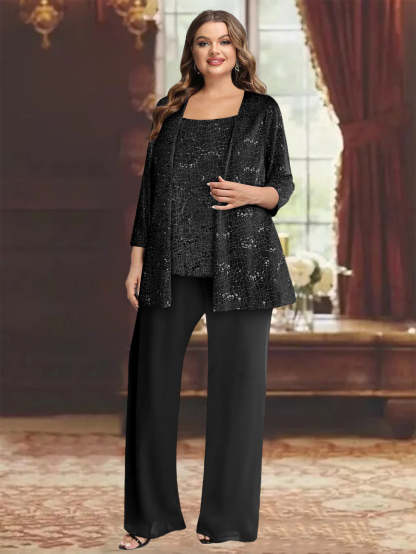 Plus Size Chiffon Mother of the Bride Pantsuit with Sequined Jacket