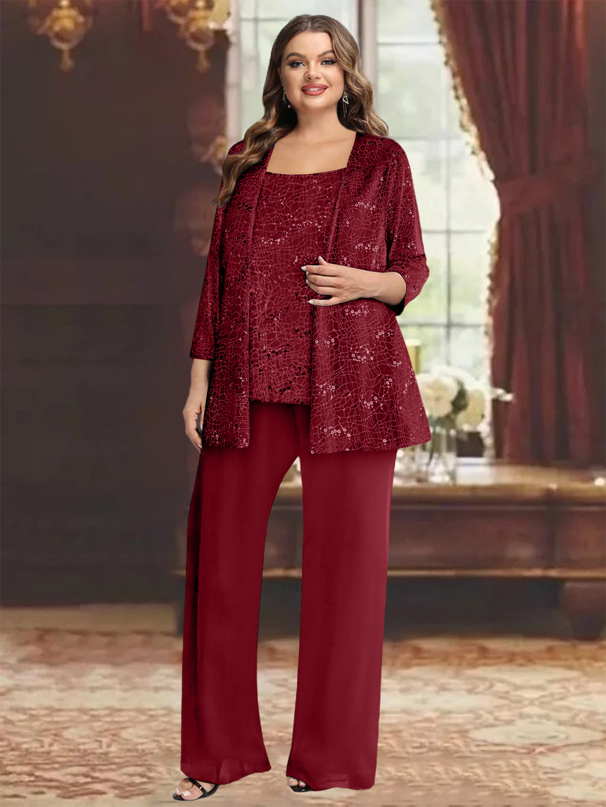 Plus Size Chiffon Mother of the Bride Pantsuit with Sequined Jacket