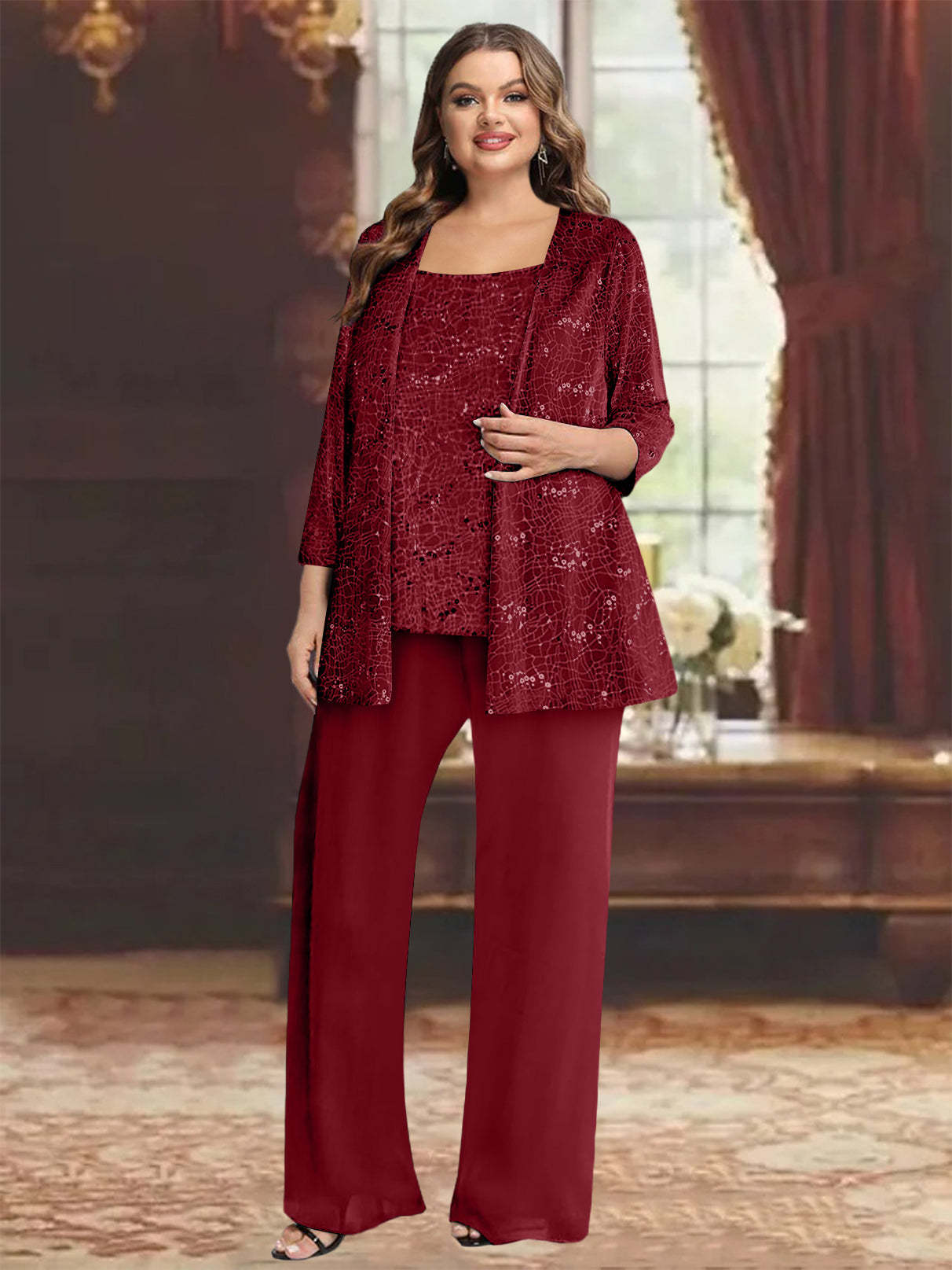 Plus Size Chiffon Mother of the Bride Pantsuit with Sequined Jacket